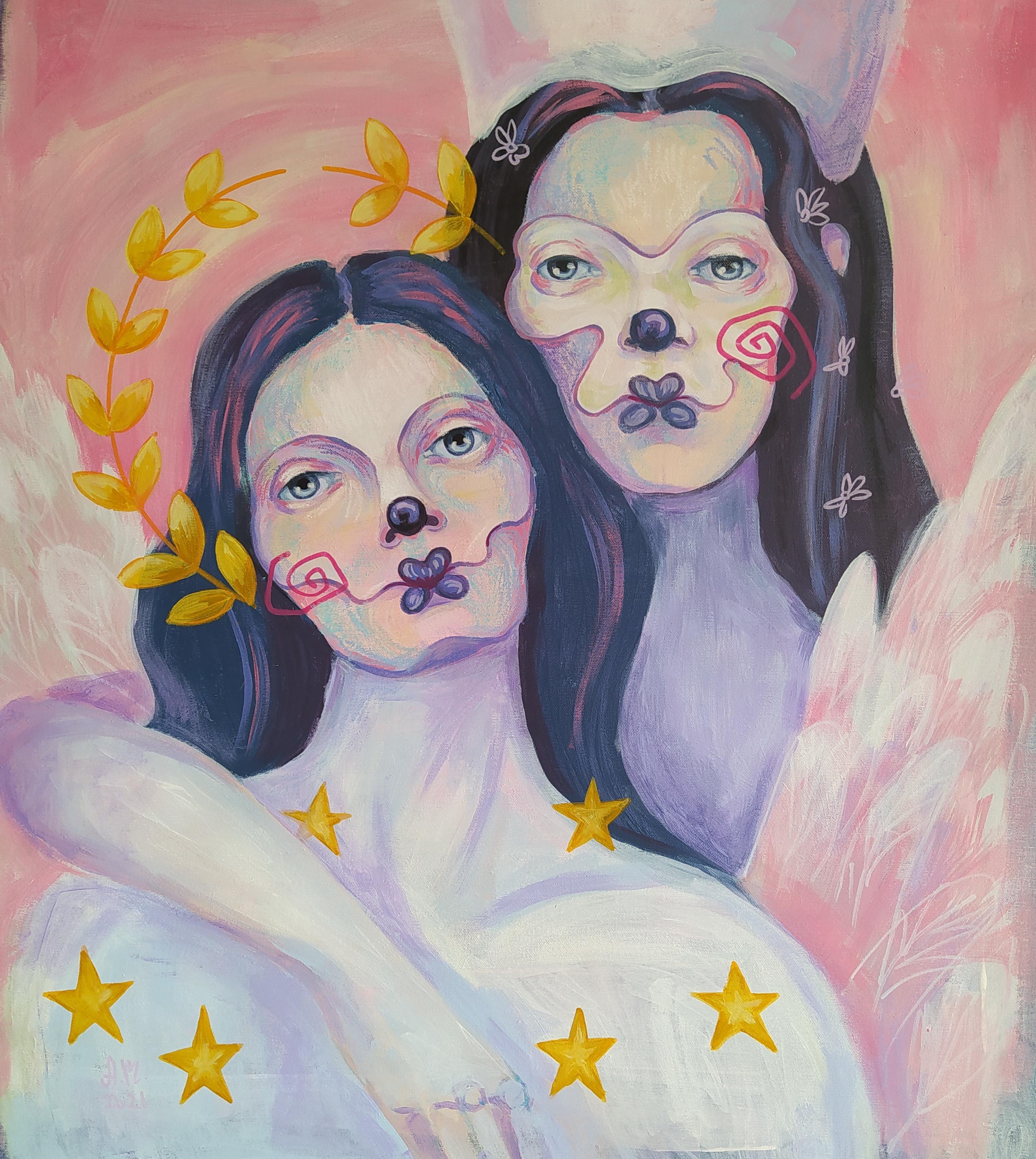 Anastasiya Akulova Figurative Painting - Sisters, 80x70cm