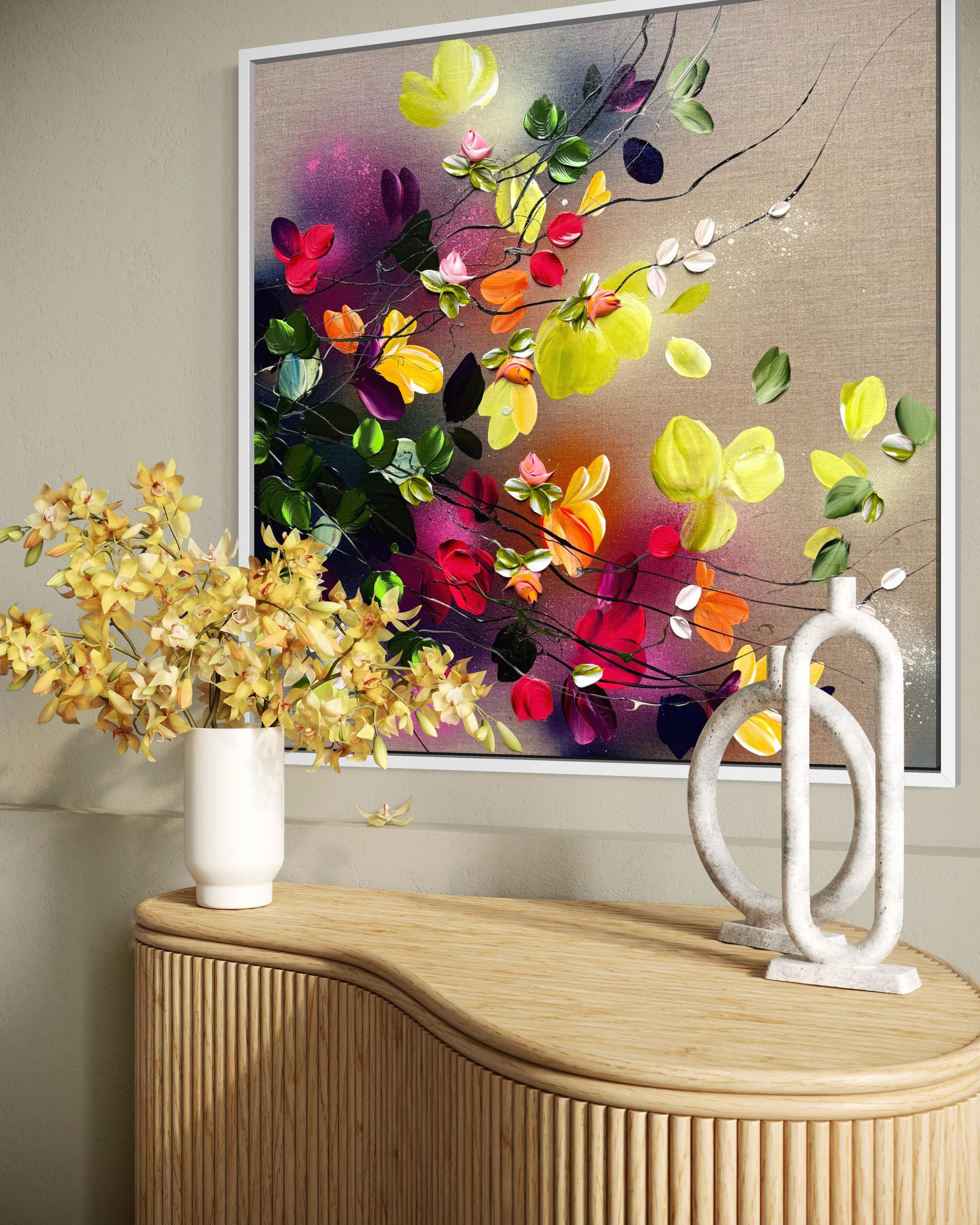 Autumn Day I -  impressionistic painting on linen canvas with 3d roses For Sale 6