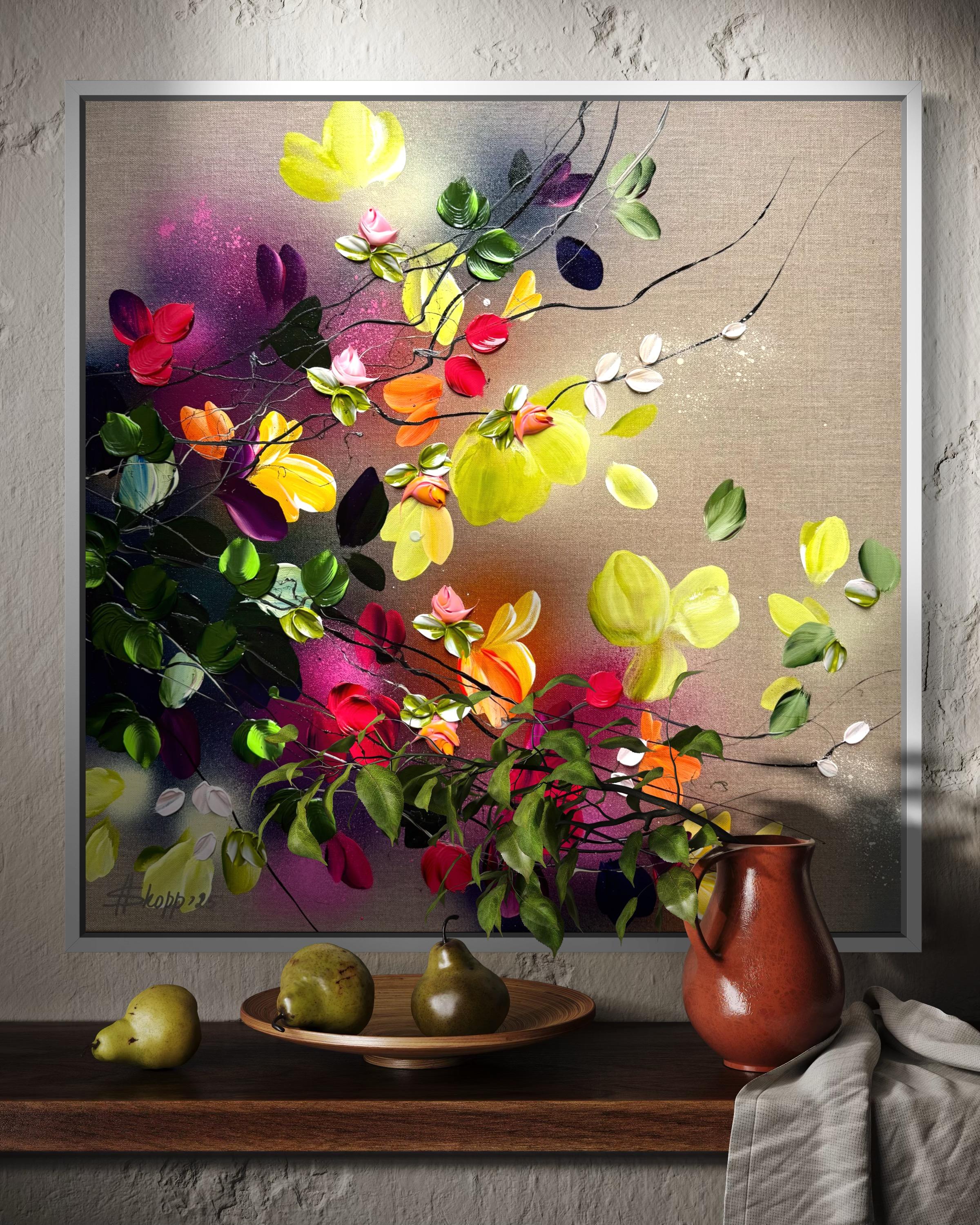 Autumn Day I -  impressionistic painting on linen canvas with 3d roses For Sale 7