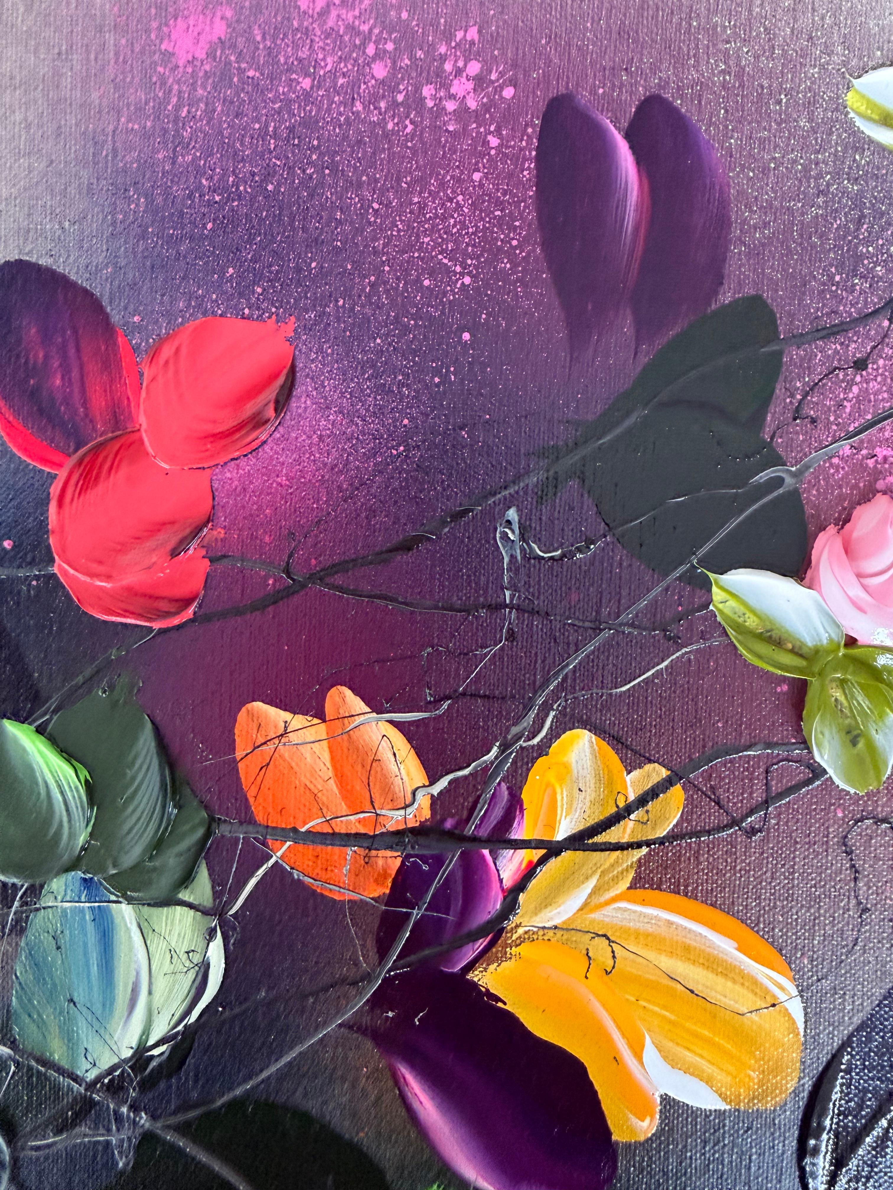 Autumn Day I -  impressionistic painting on linen canvas with 3d roses For Sale 9