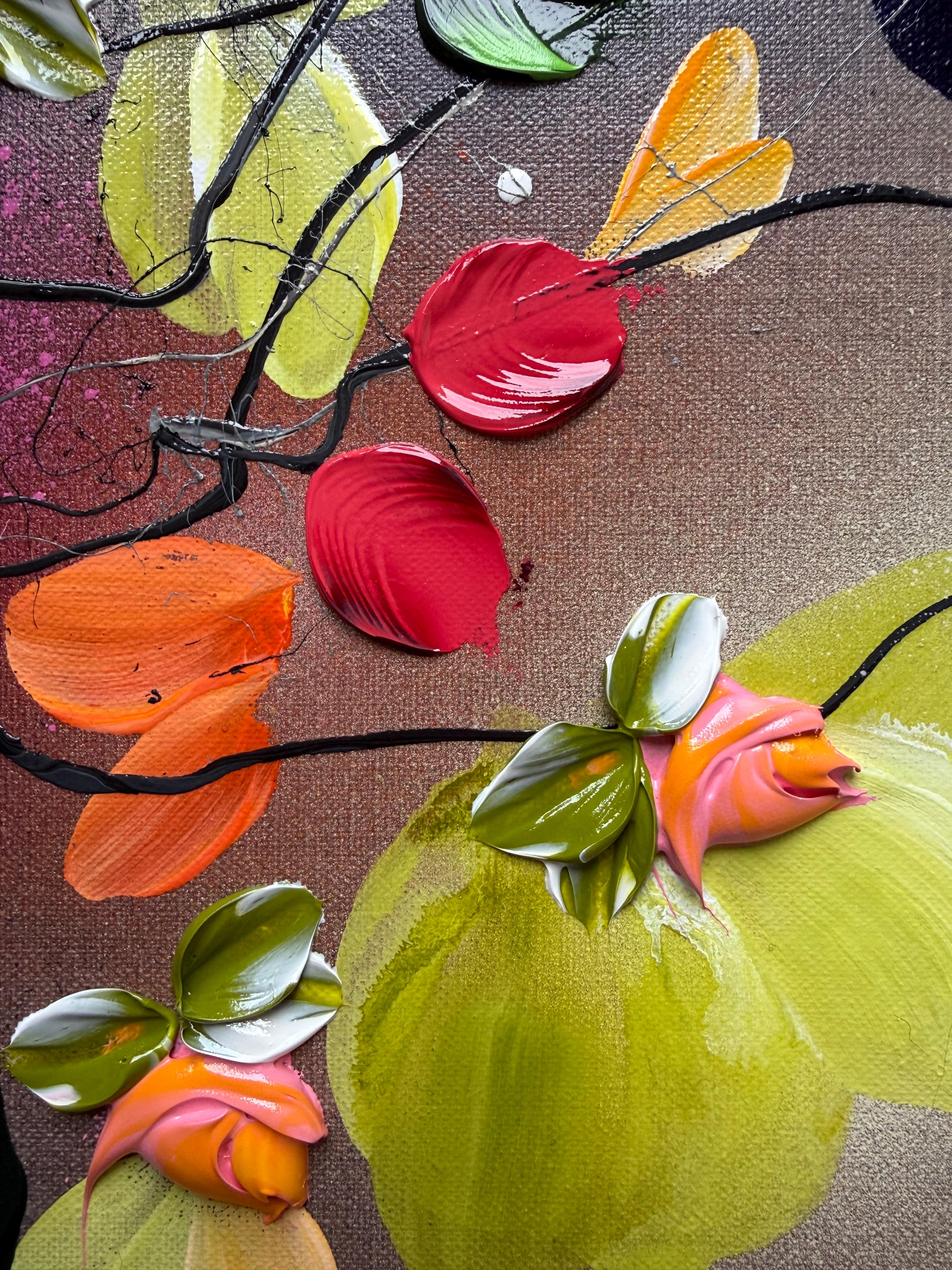 Autumn Day I -  impressionistic painting on linen canvas with 3d roses For Sale 11