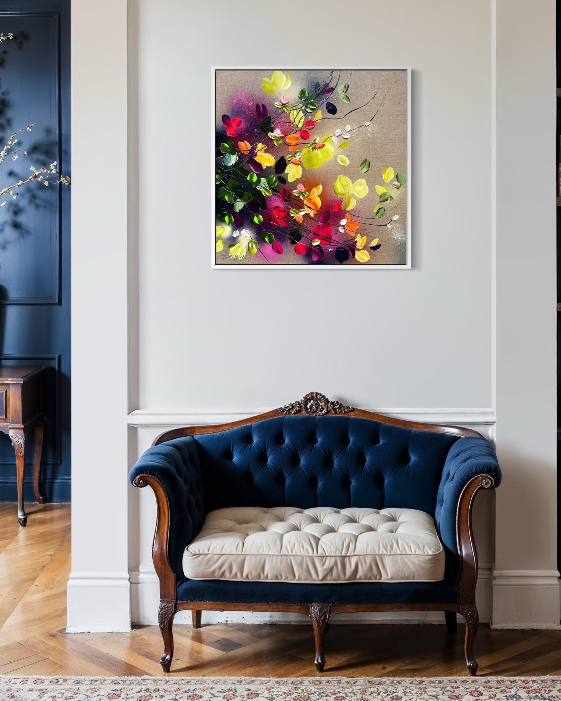 Autumn Day I -  impressionistic painting on linen canvas with 3d roses For Sale 13