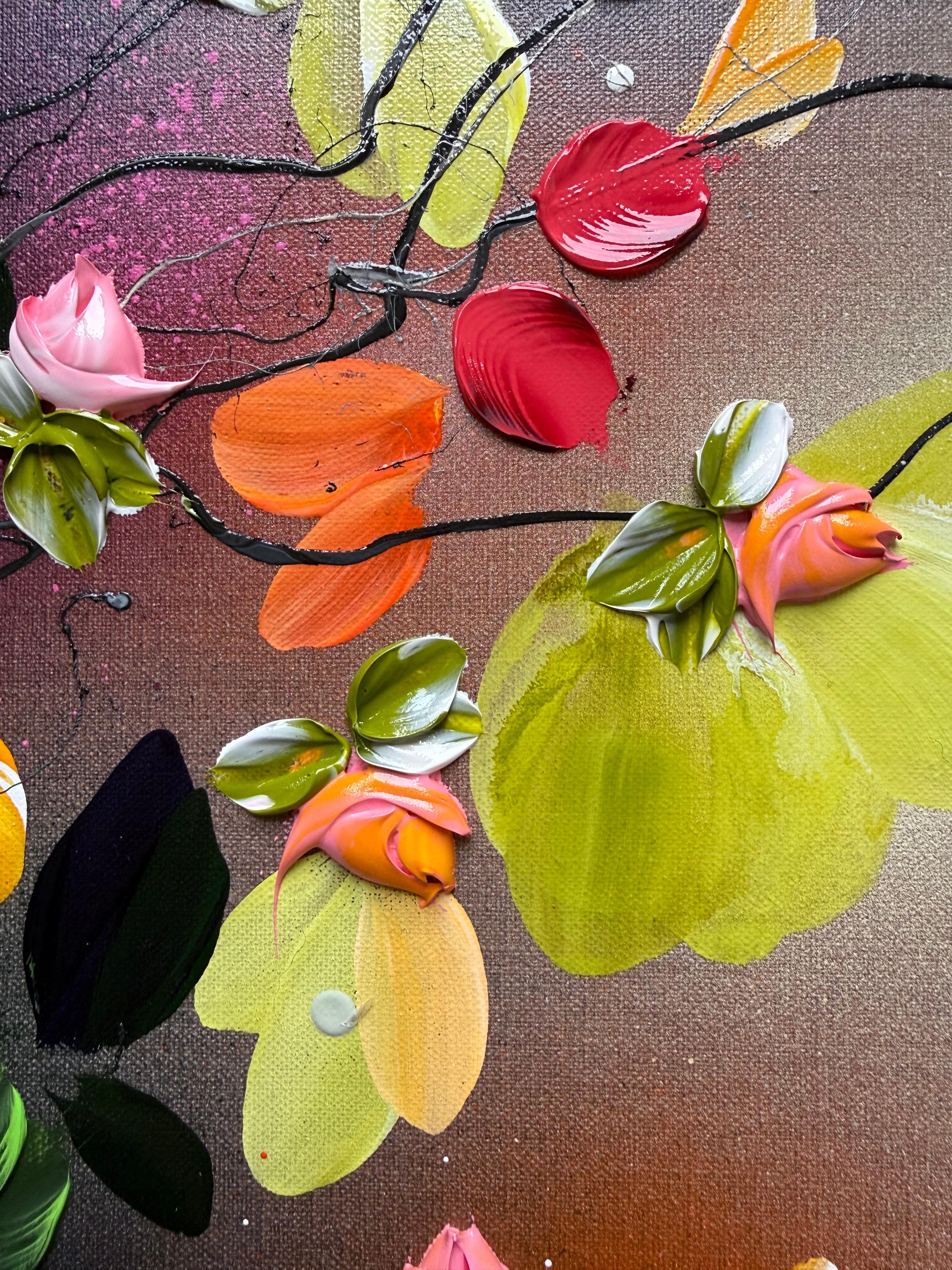 Autumn Day I -  impressionistic painting on linen canvas with 3d roses - Painting by Anastassia Skopp