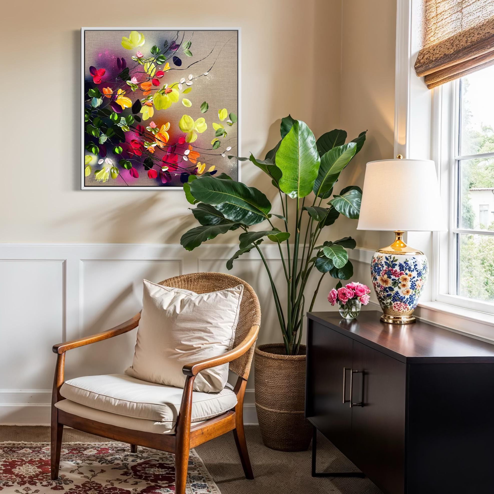 Autumn Day I -  impressionistic painting on linen canvas with 3d roses For Sale 15