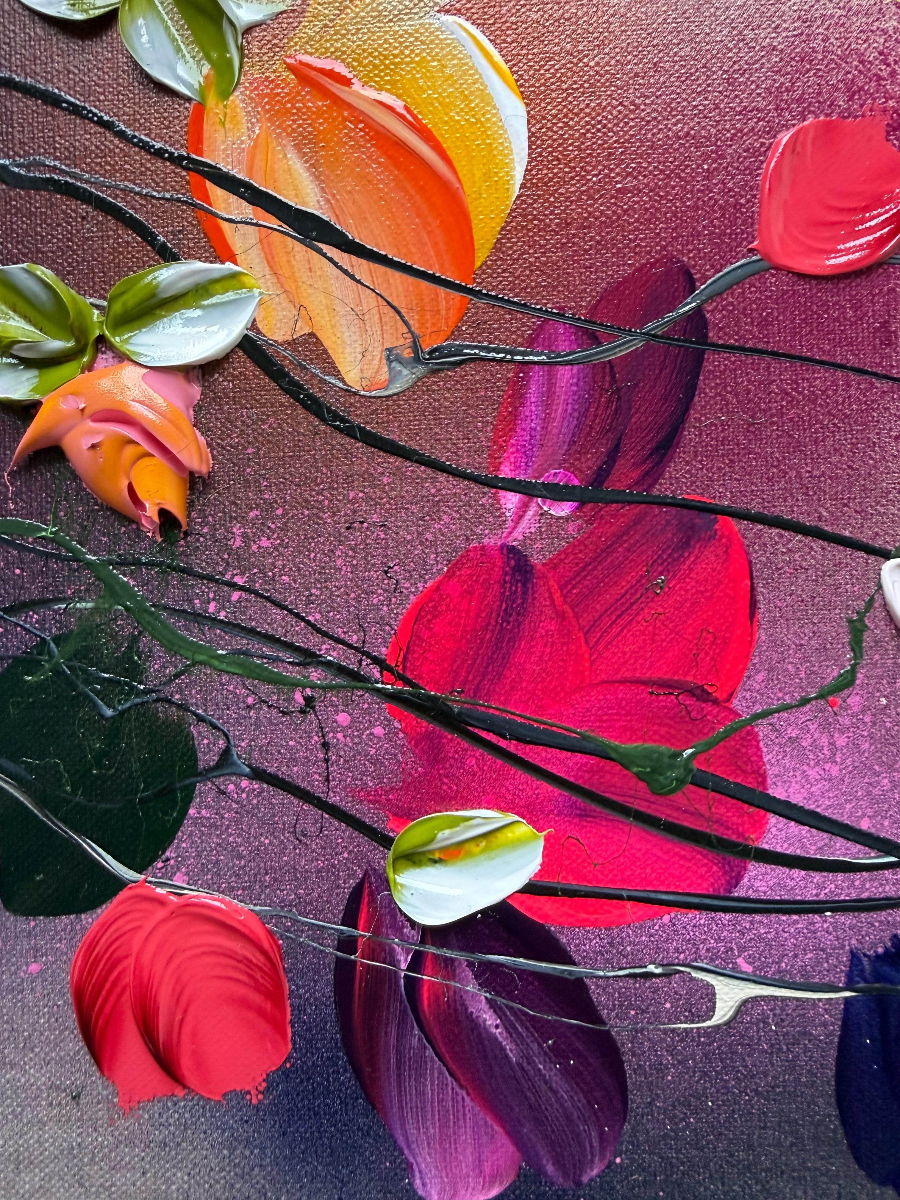 Autumn Day I -  impressionistic painting on linen canvas with 3d roses - Abstract Impressionist Painting by Anastassia Skopp