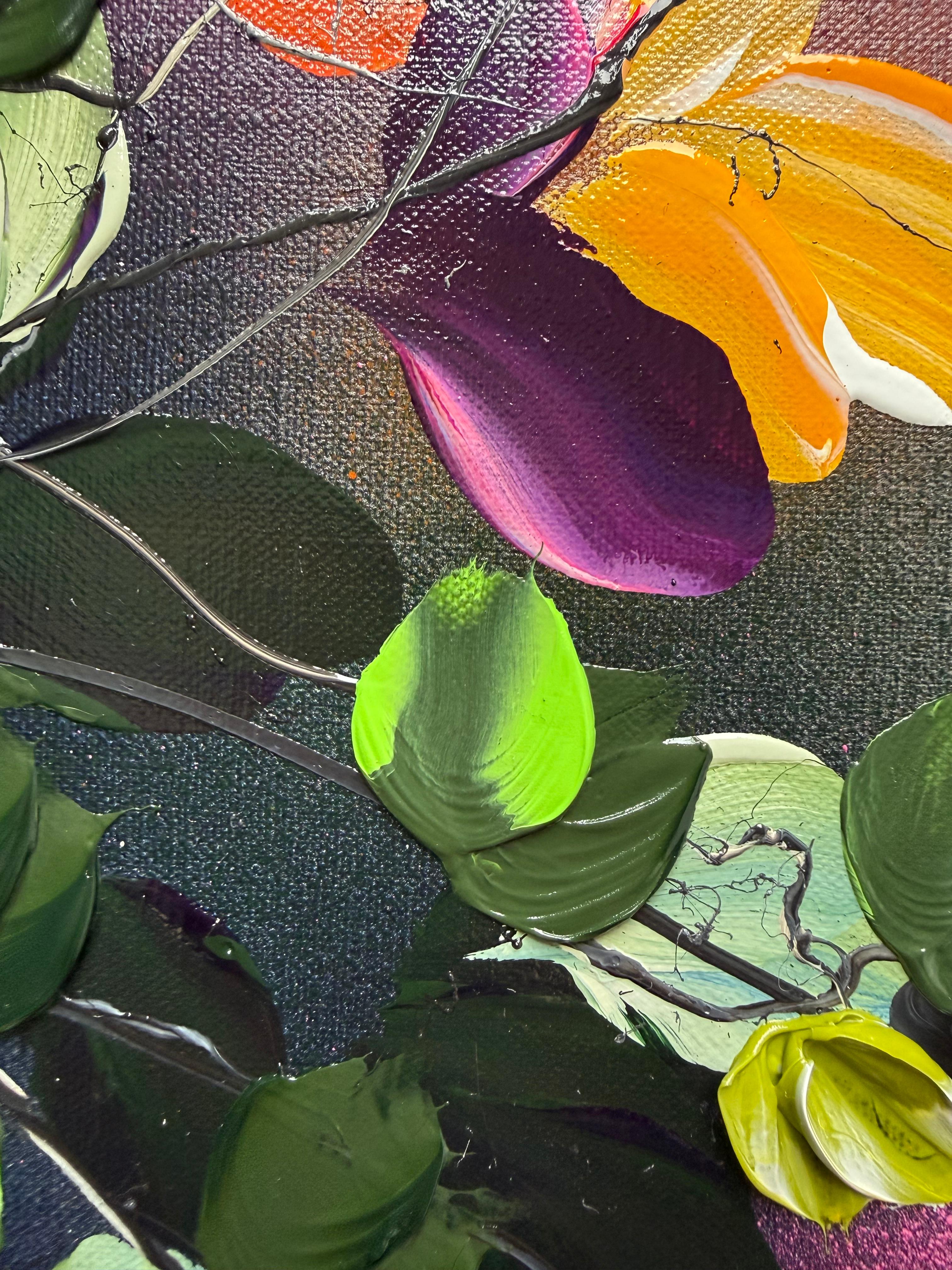 Autumn Day I -  impressionistic painting on linen canvas with 3d roses - Brown Figurative Painting by Anastassia Skopp