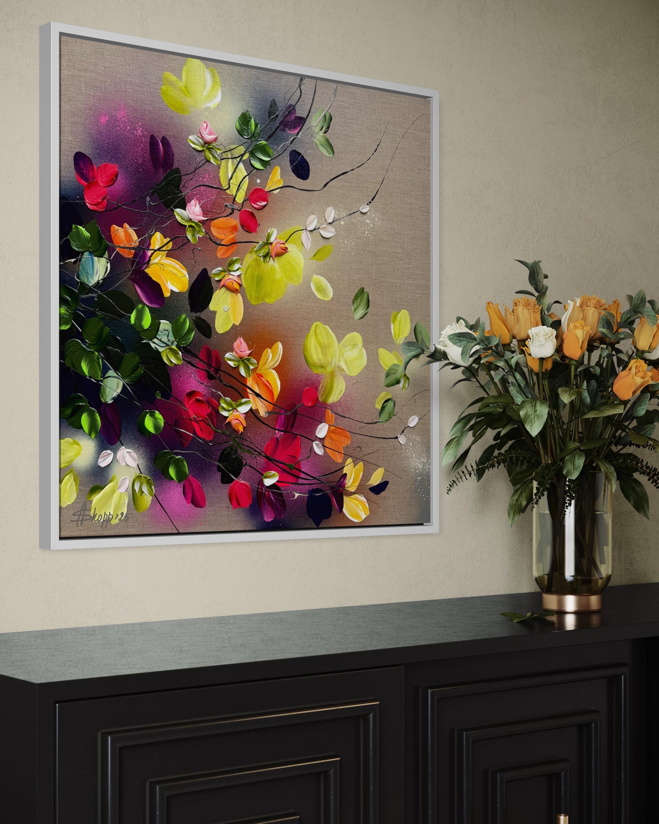 Autumn Day I -  impressionistic painting on linen canvas with 3d roses For Sale 1