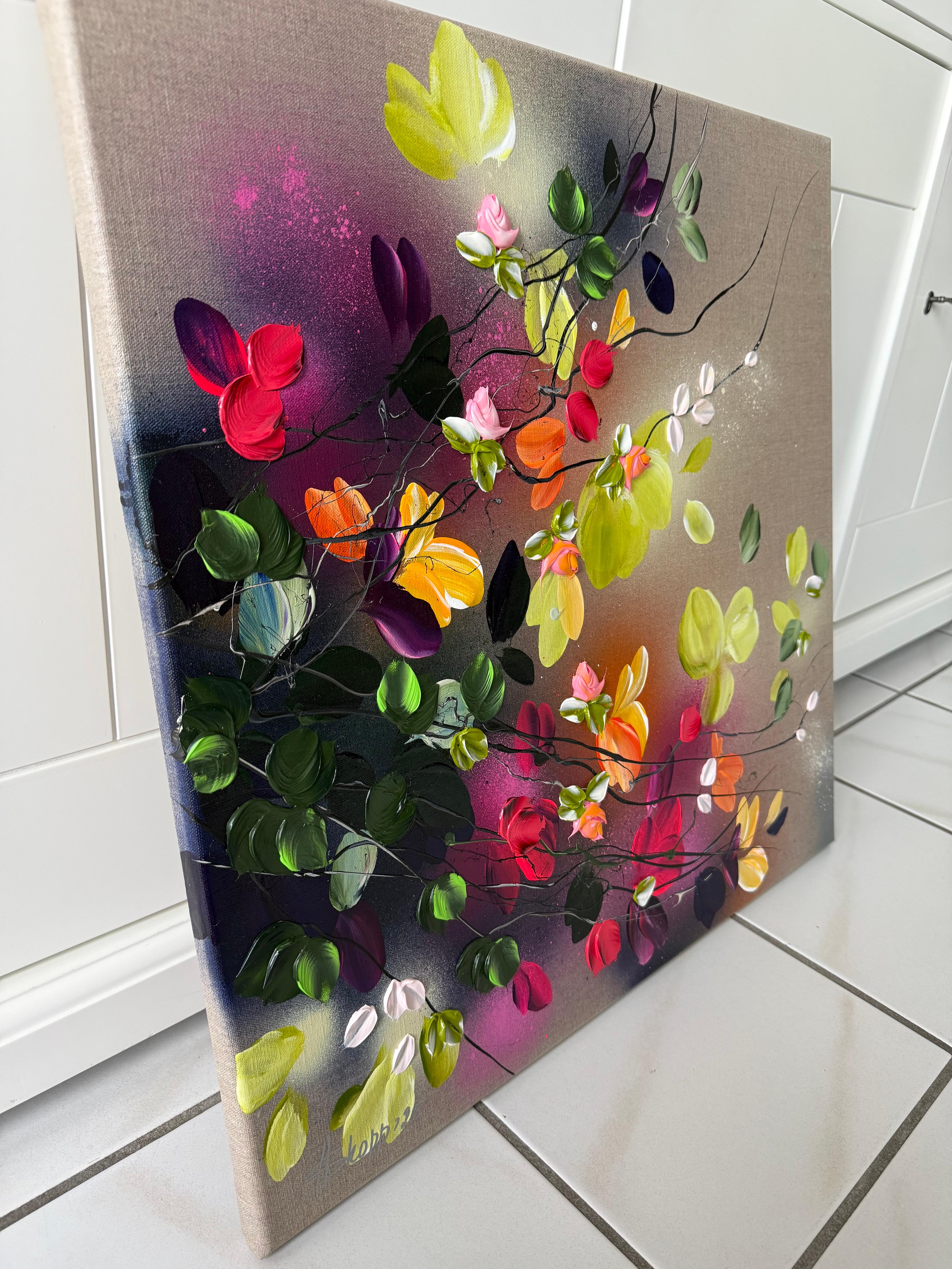 Autumn Day I -  impressionistic painting on linen canvas with 3d roses For Sale 2