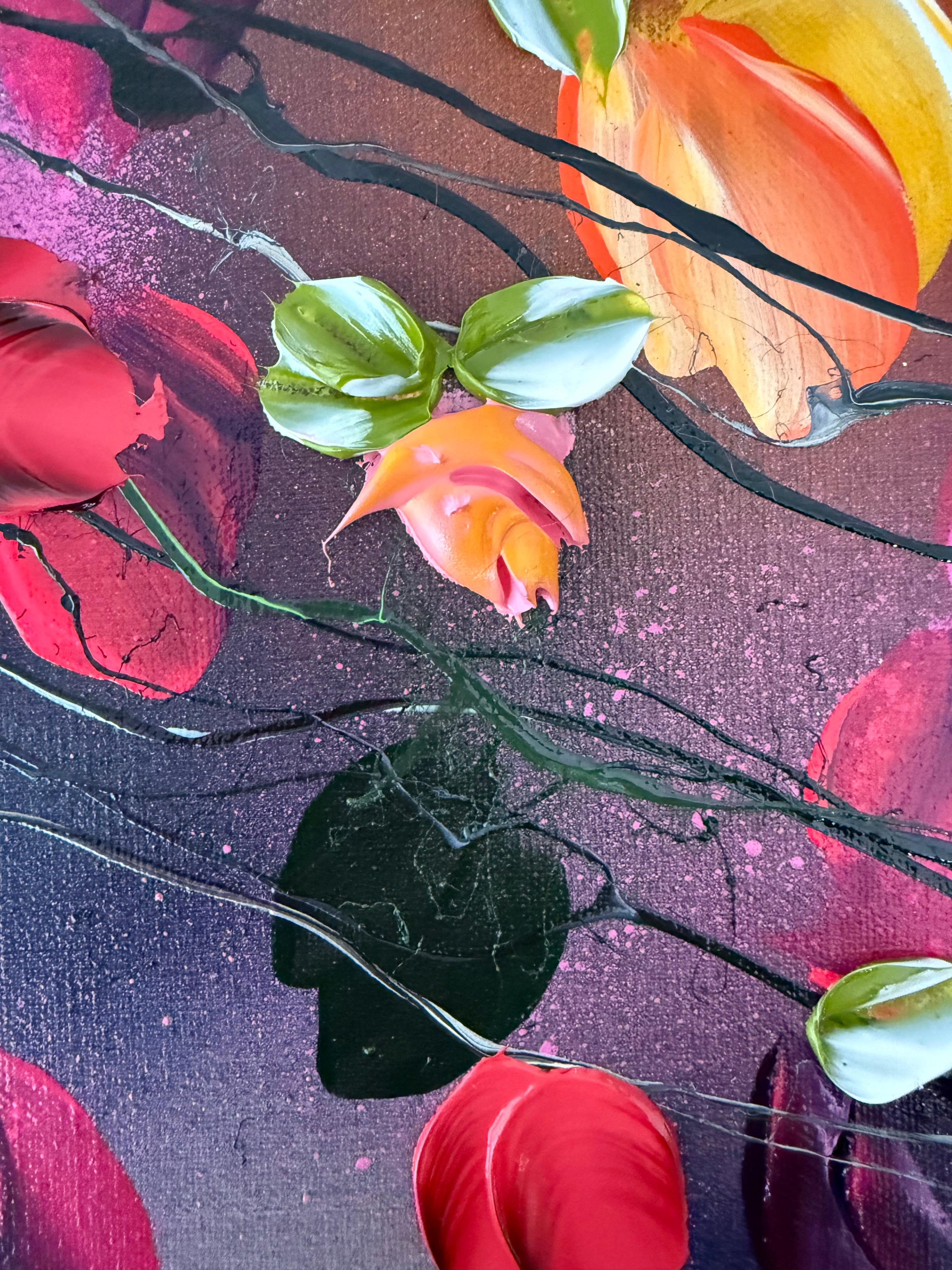 Autumn Day I -  impressionistic painting on linen canvas with 3d roses For Sale 4