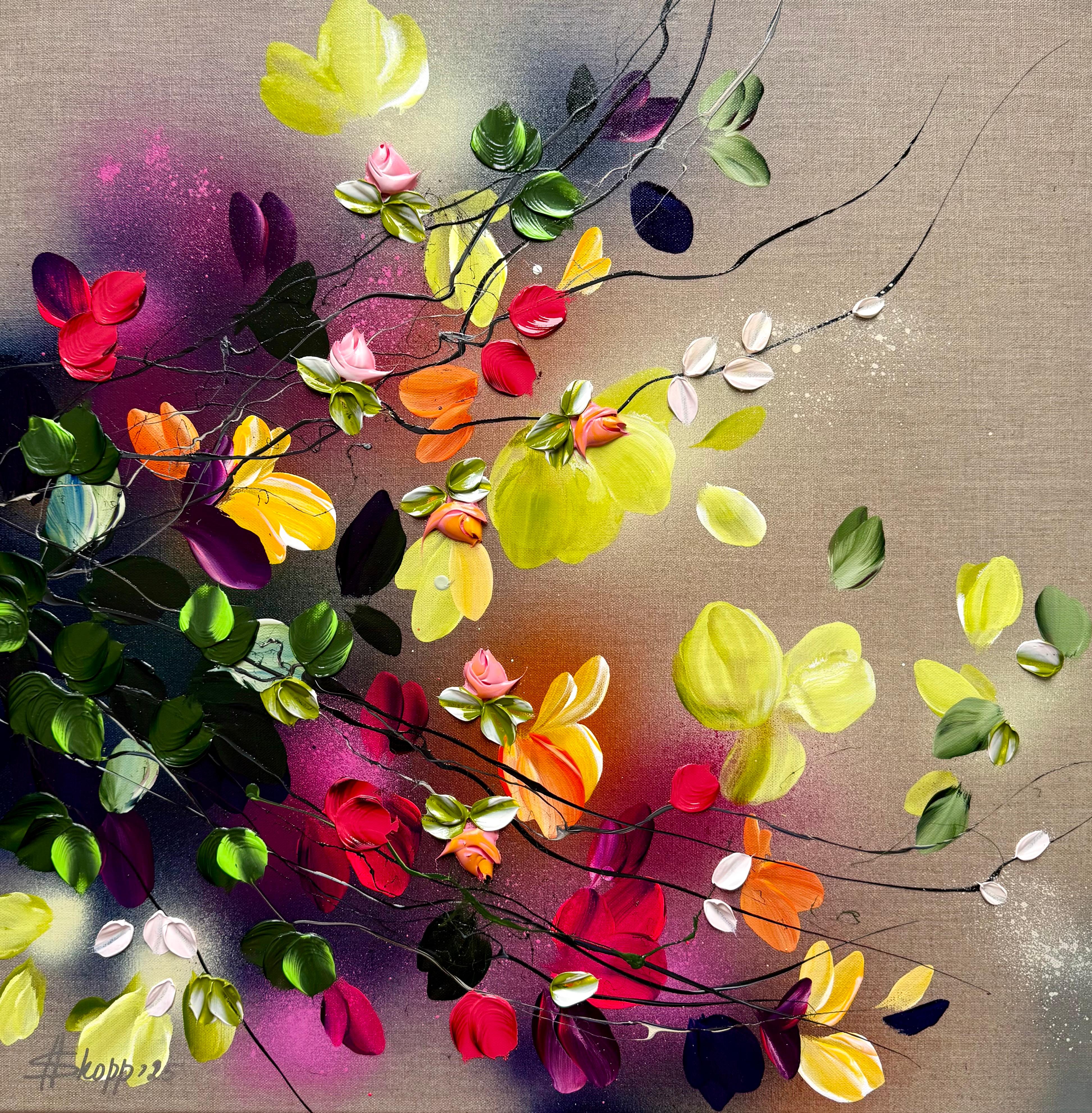 Autumn Day I -  impressionistic painting on linen canvas with 3d roses