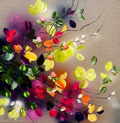 Autumn Day I -  impressionistic painting on linen canvas with 3d roses