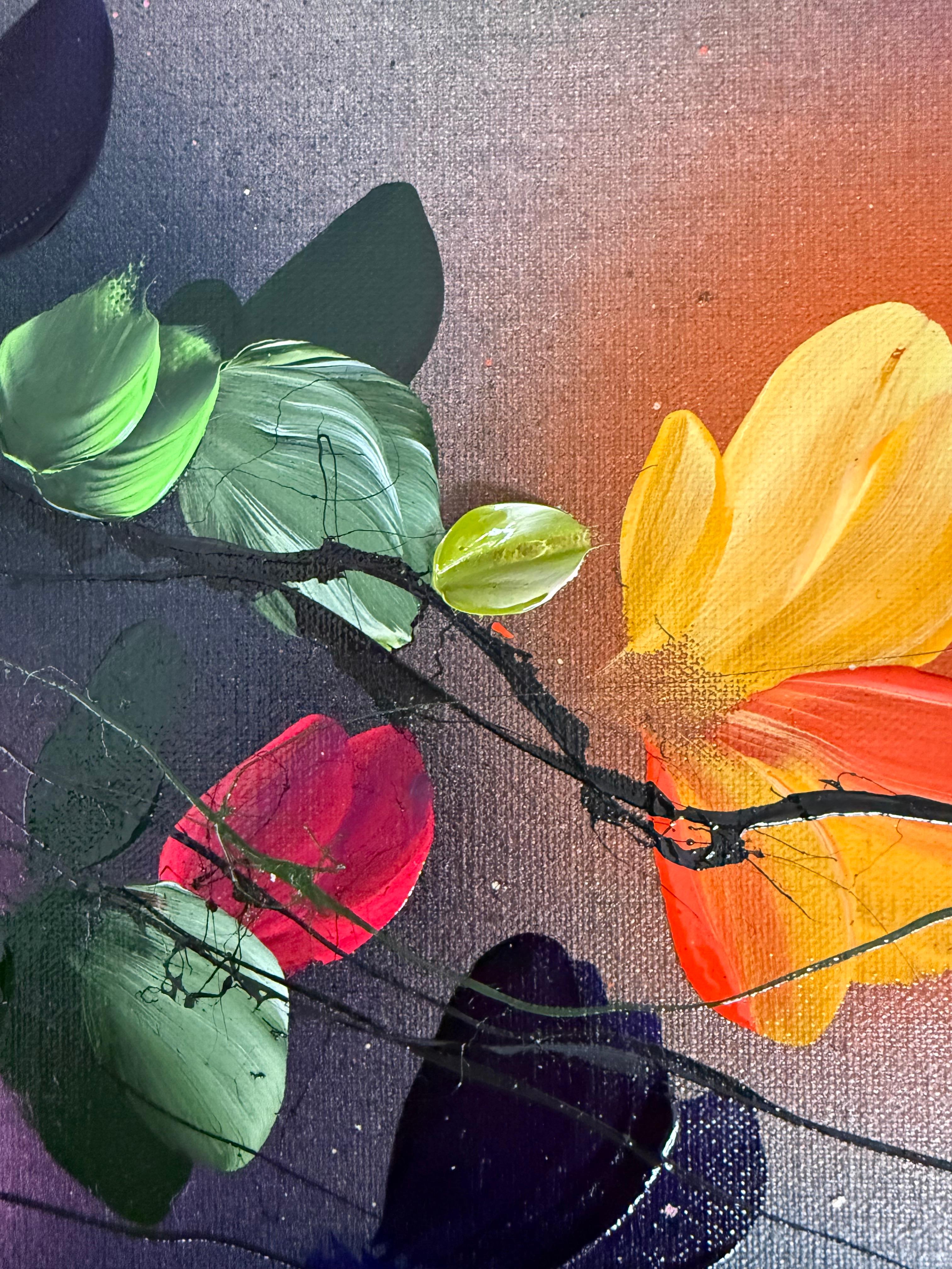 Autumn Day II -  impressionistic painting on linen canvas with 3d roses For Sale 5