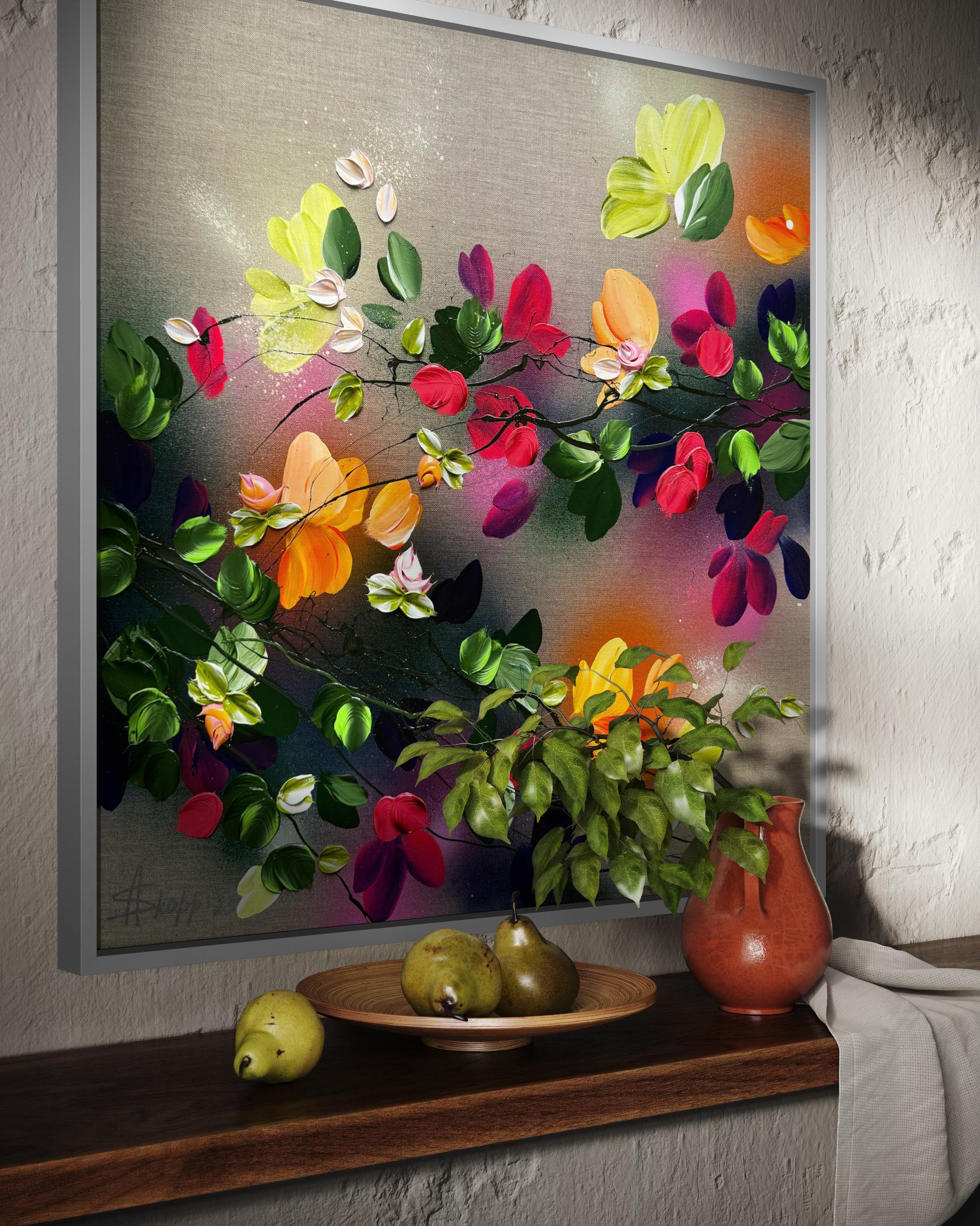 Autumn Day II -  impressionistic painting on linen canvas with 3d roses For Sale 6