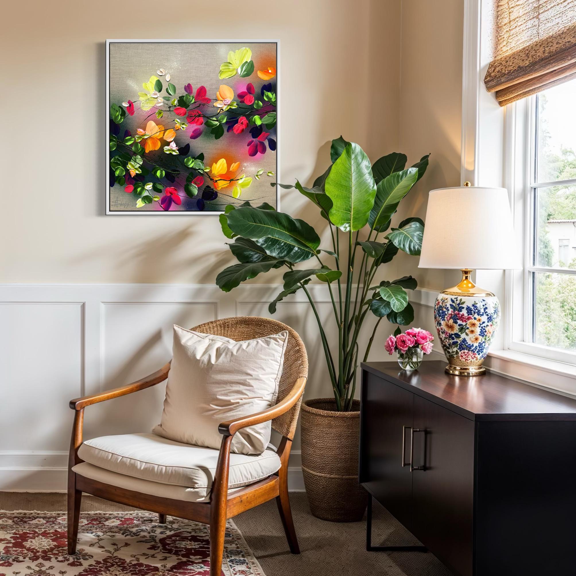 Autumn Day II -  impressionistic painting on linen canvas with 3d roses For Sale 7