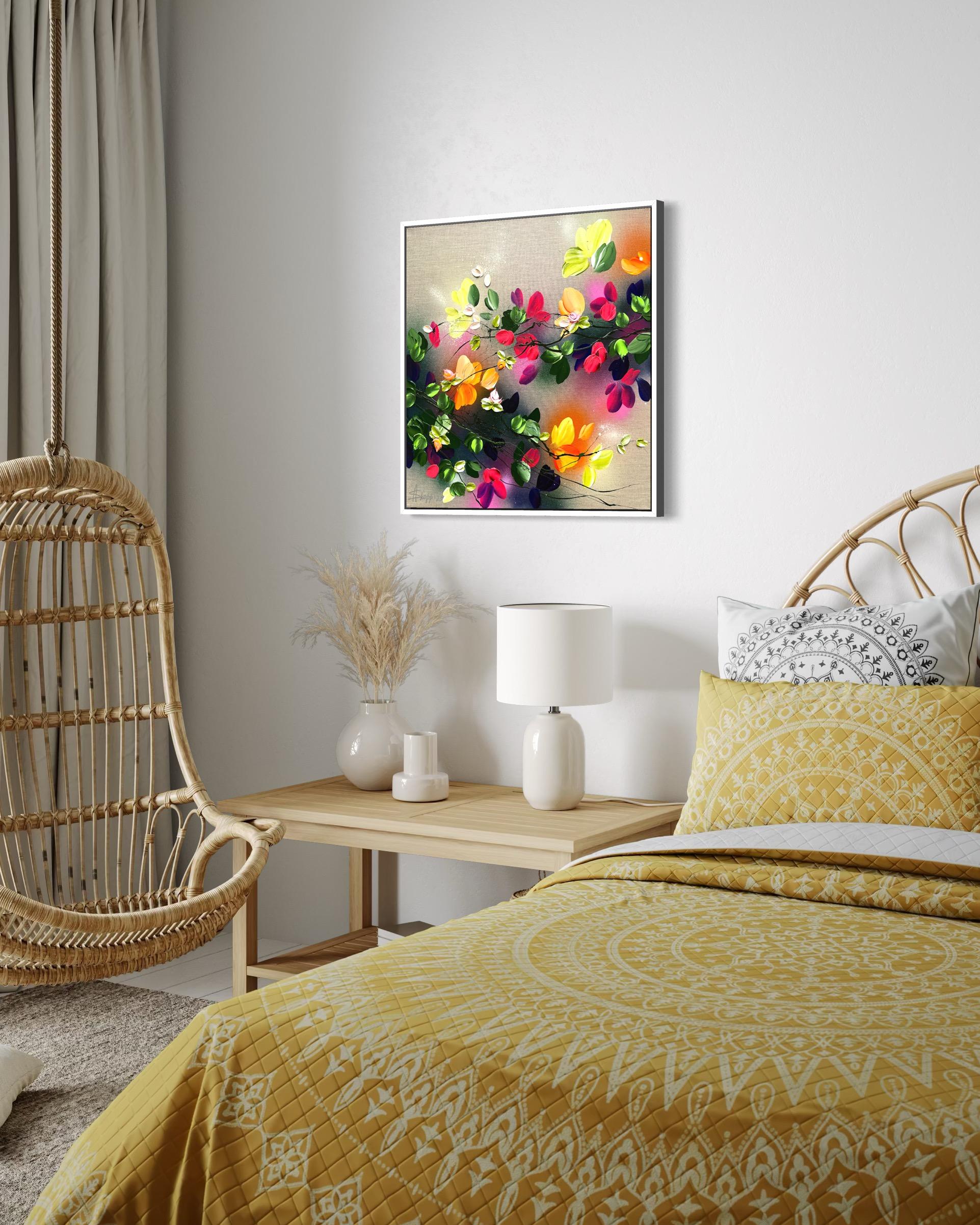 Autumn Day II -  impressionistic painting on linen canvas with 3d roses For Sale 8