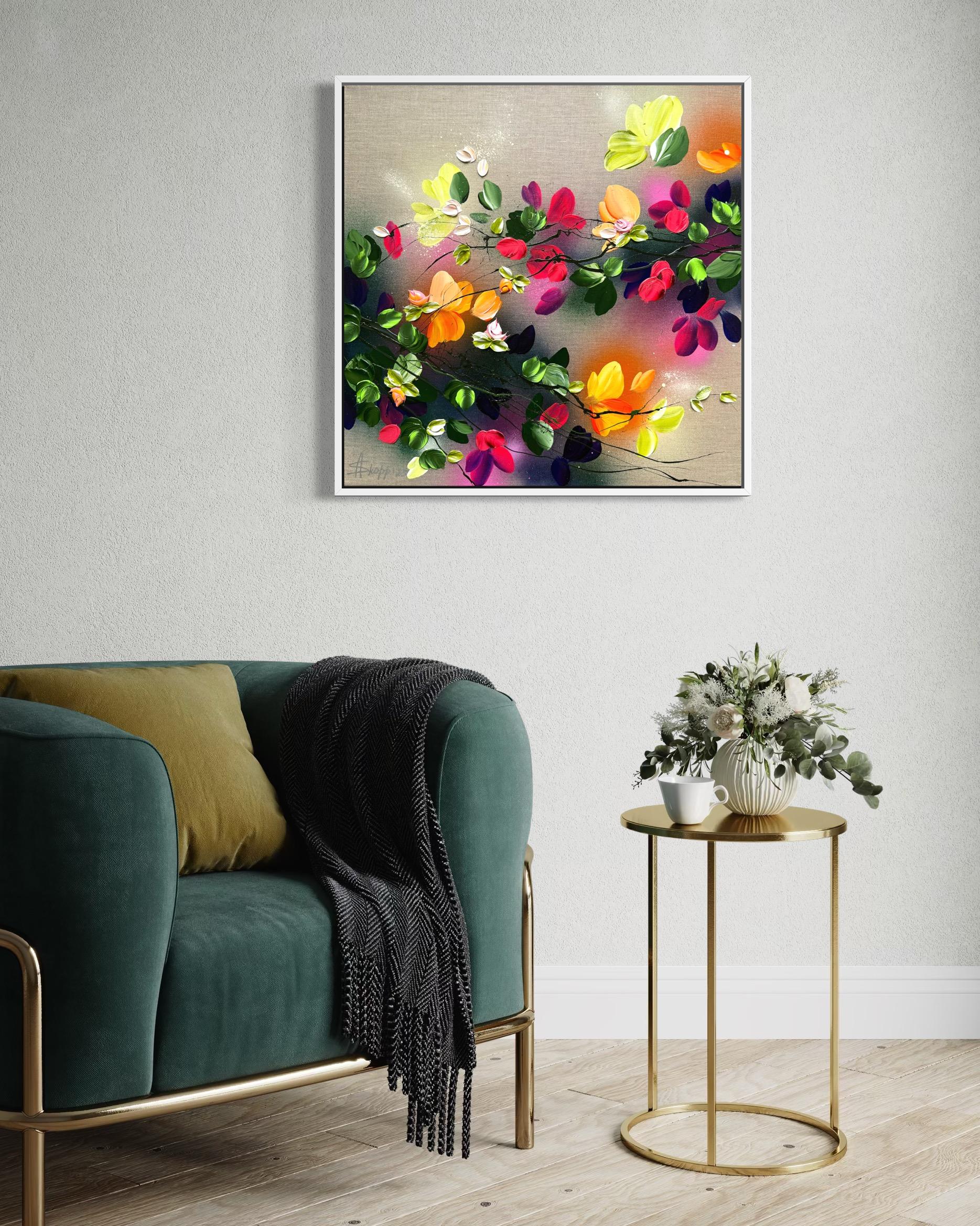 Autumn Day II -  impressionistic painting on linen canvas with 3d roses For Sale 9