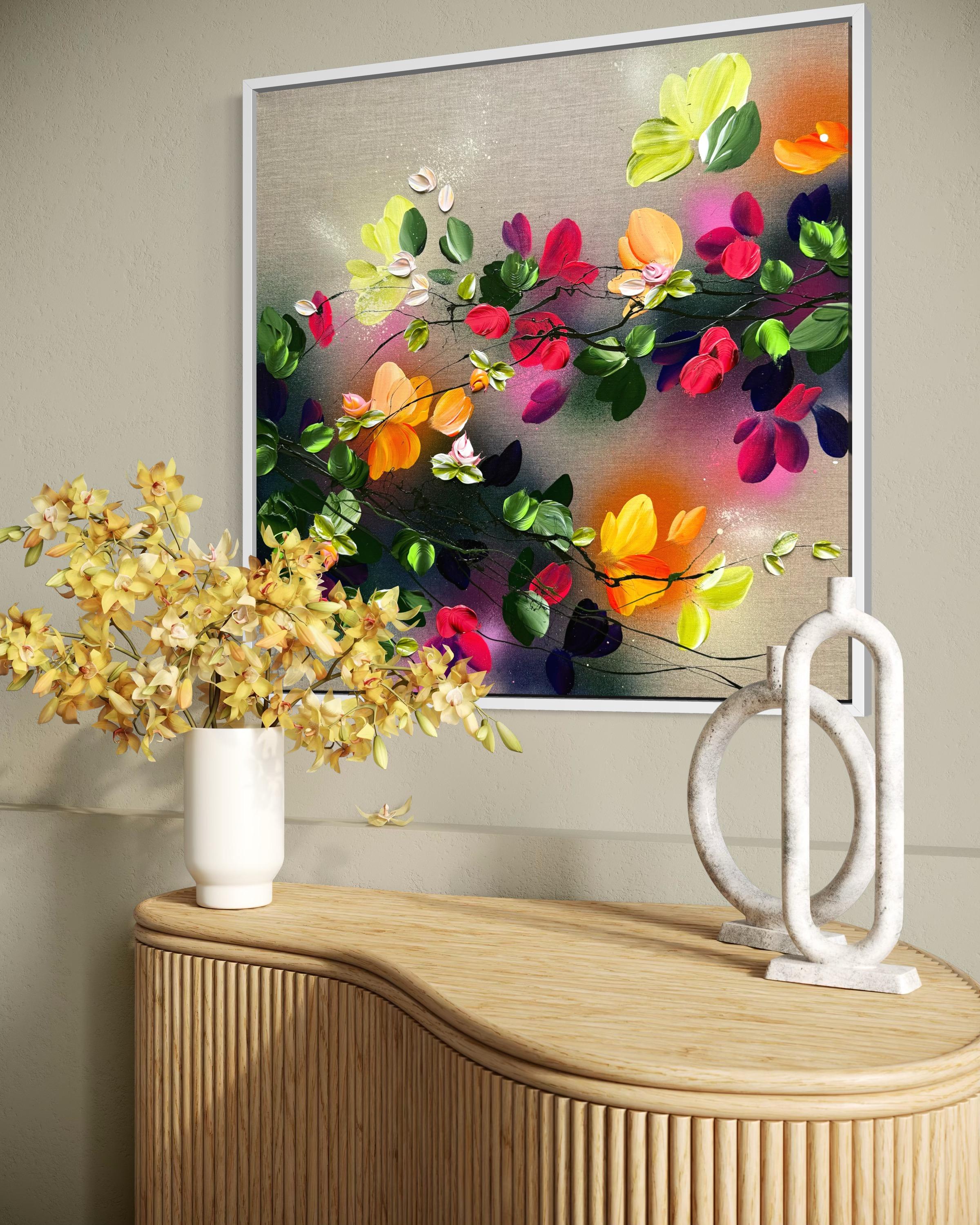Autumn Day II -  impressionistic painting on linen canvas with 3d roses For Sale 10