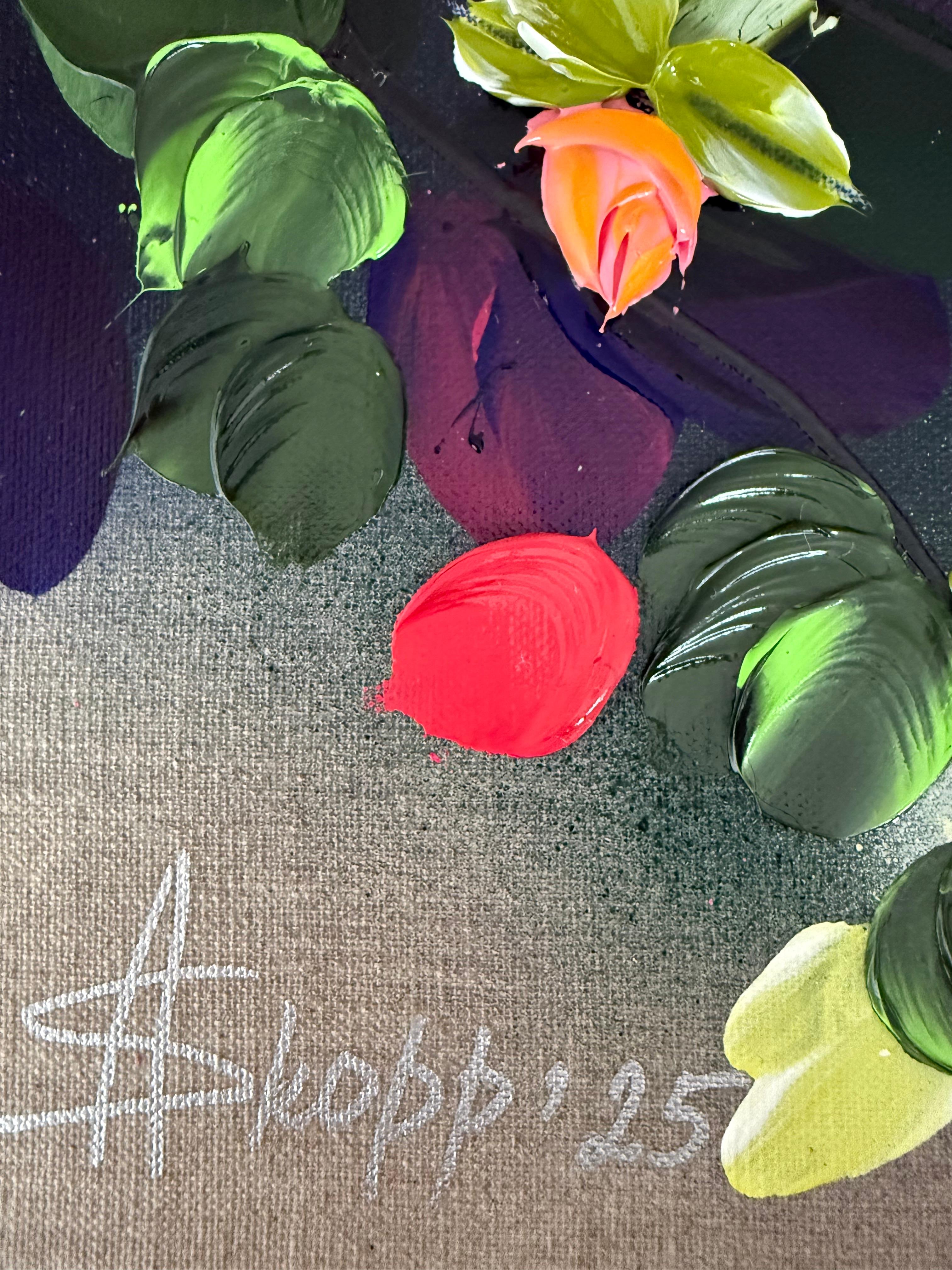 Autumn Day II -  impressionistic painting on linen canvas with 3d roses - Abstract Impressionist Painting by Anastassia Skopp