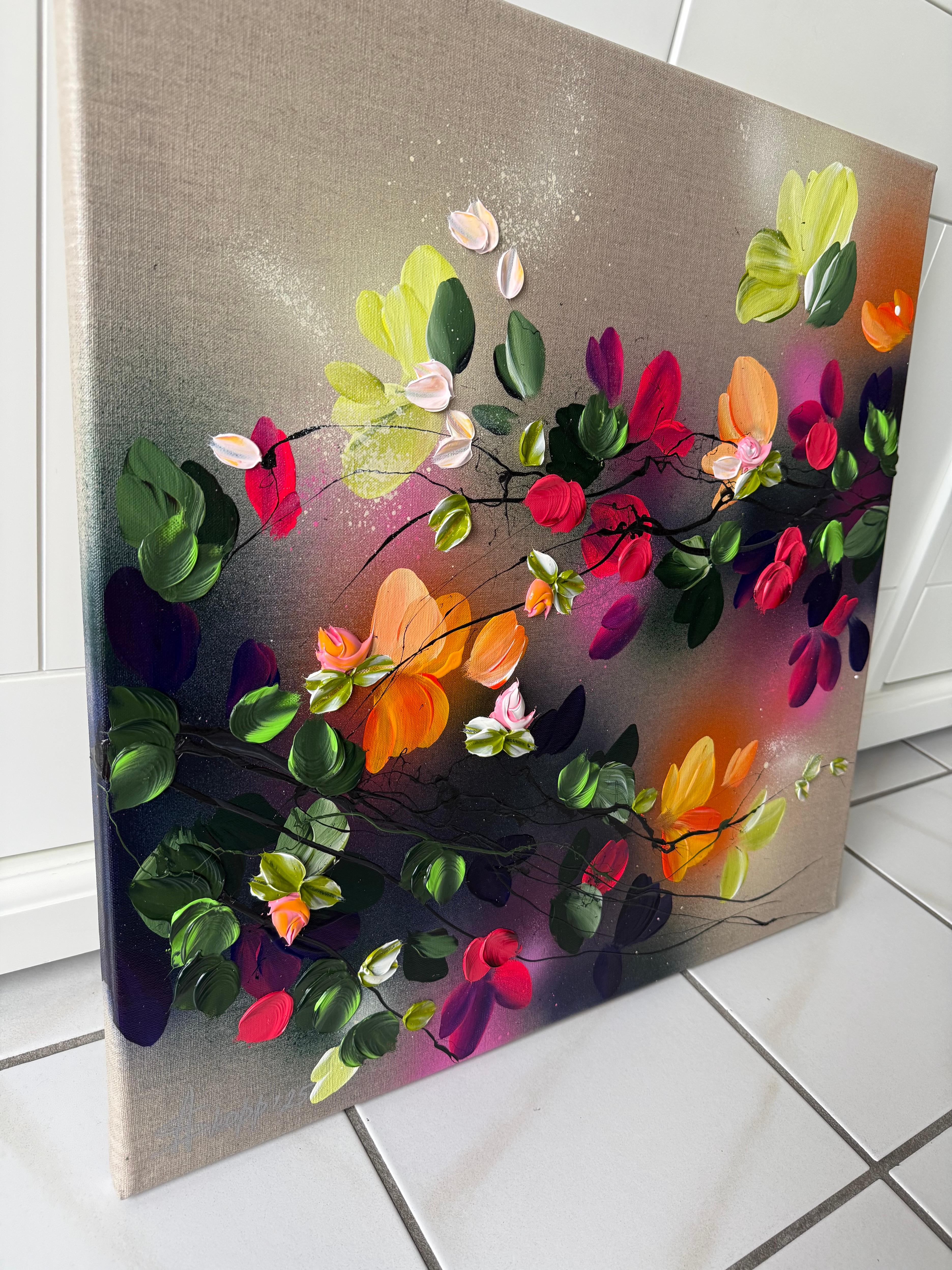 Autumn Day II -  impressionistic painting on linen canvas with 3d roses - Brown Figurative Painting by Anastassia Skopp