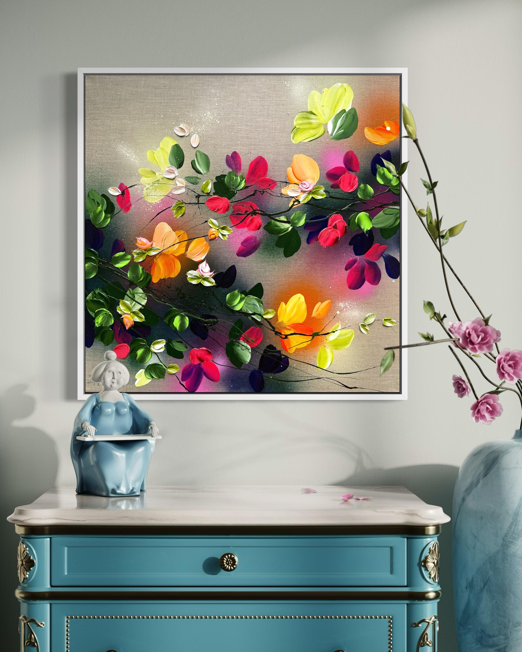 Autumn Day II -  impressionistic painting on linen canvas with 3d roses For Sale 1