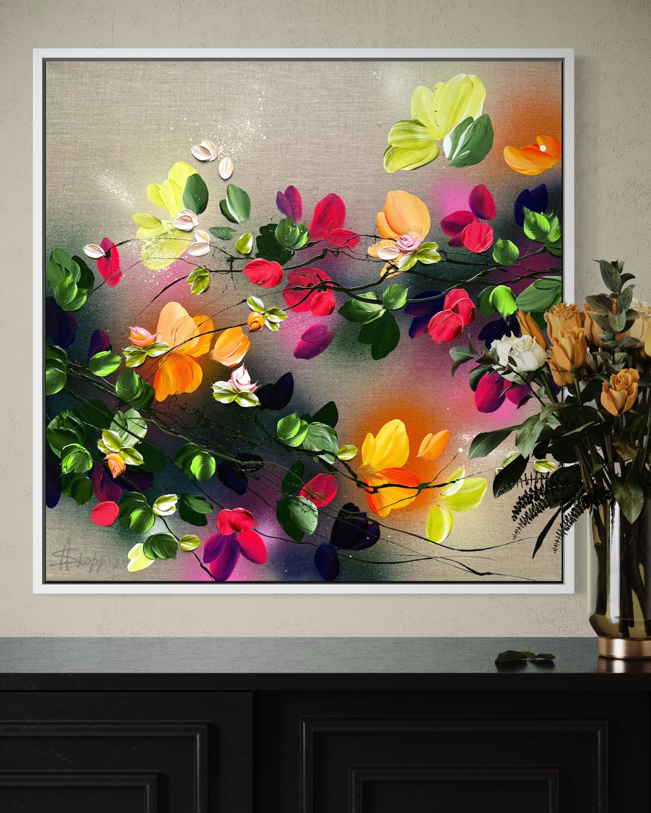 Autumn Day II -  impressionistic painting on linen canvas with 3d roses For Sale 2