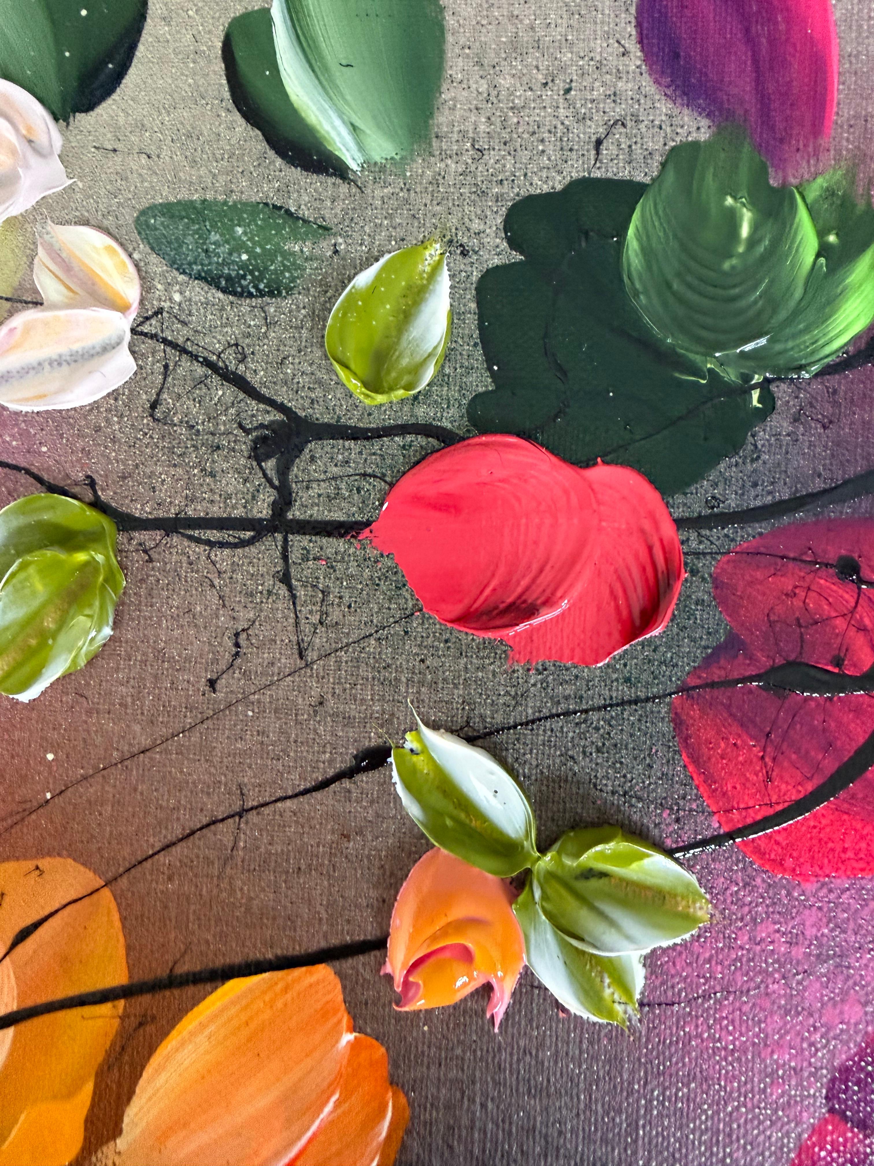 Autumn Day II -  impressionistic painting on linen canvas with 3d roses For Sale 4