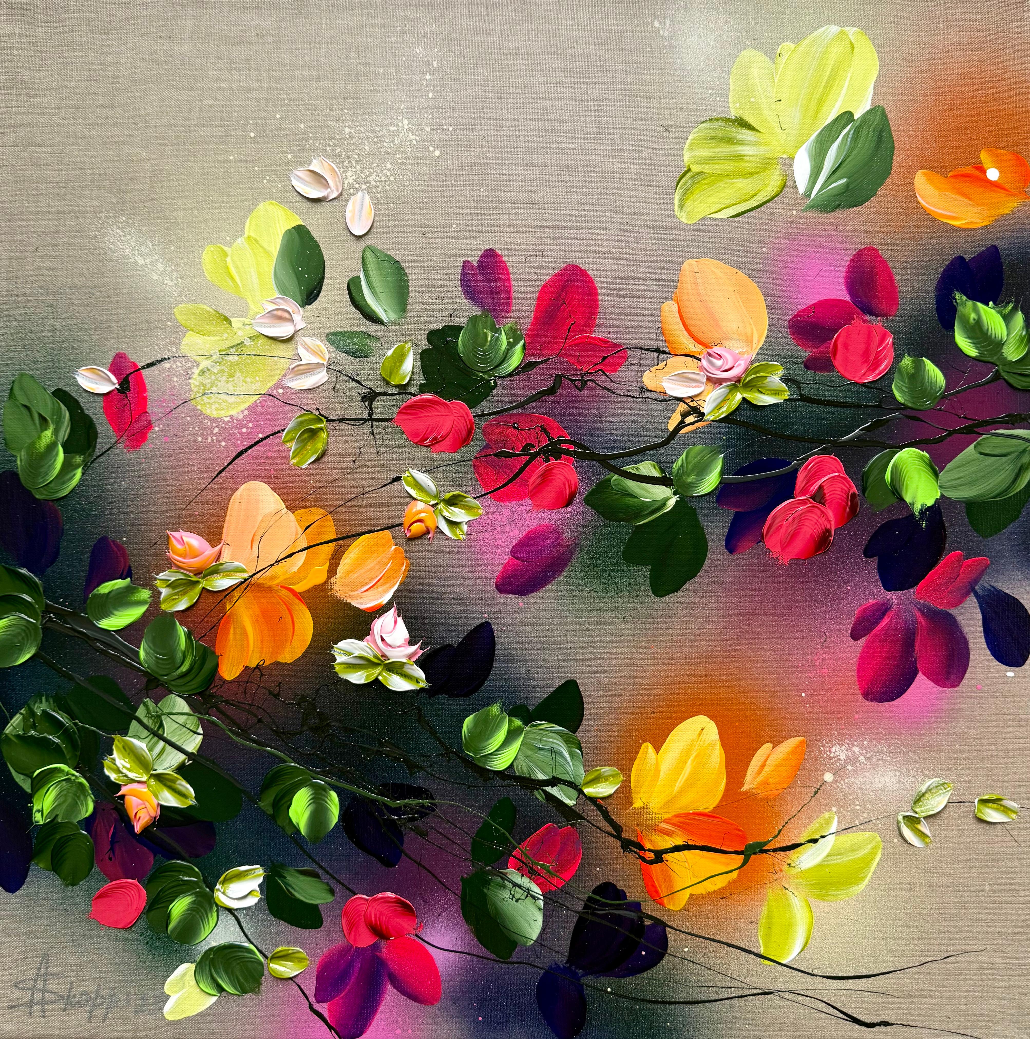 Anastassia Skopp Figurative Painting - Autumn Day II -  impressionistic painting on linen canvas with 3d roses