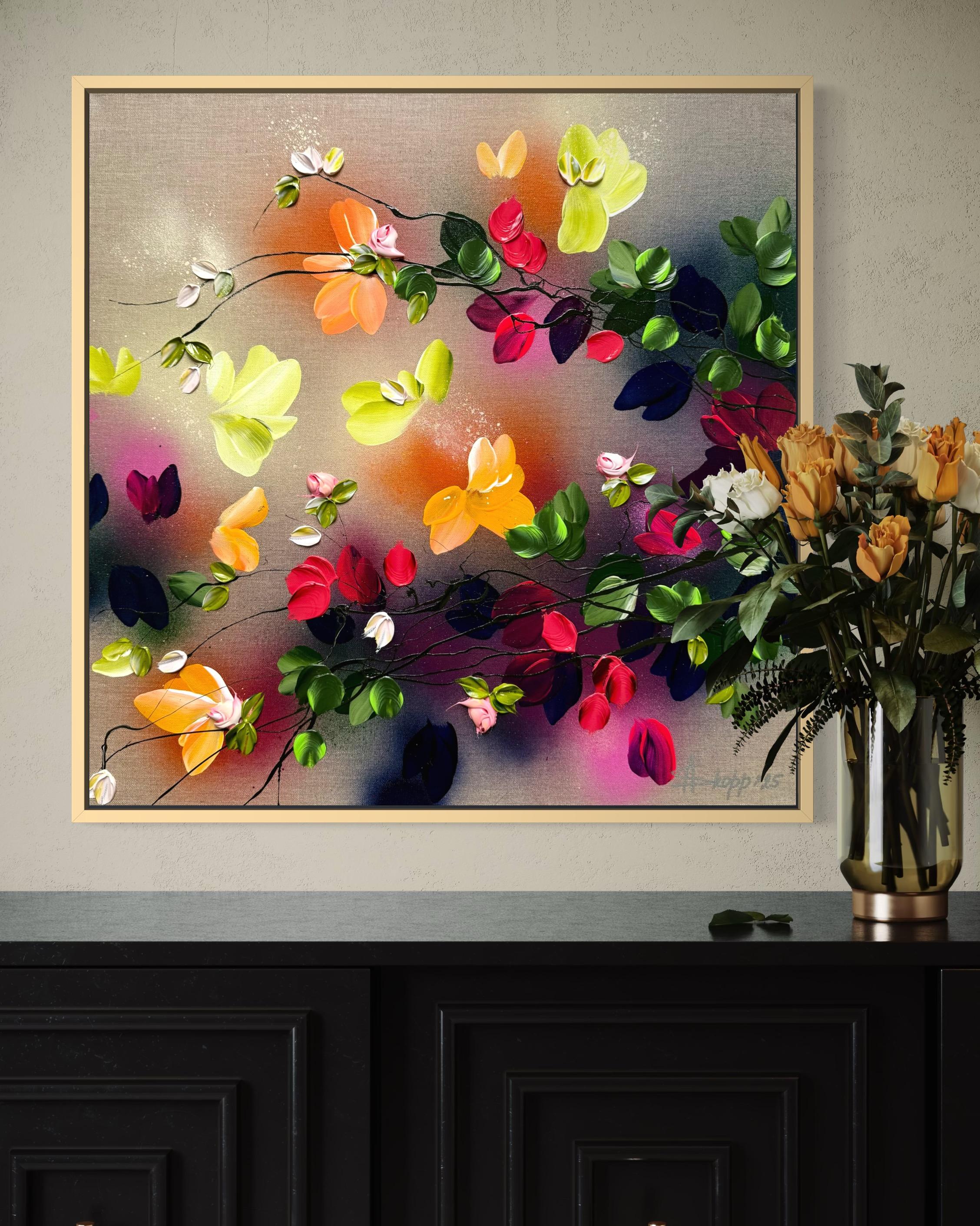 Autumn Day III -  impressionistic painting on linen canvas with 3d roses For Sale 5