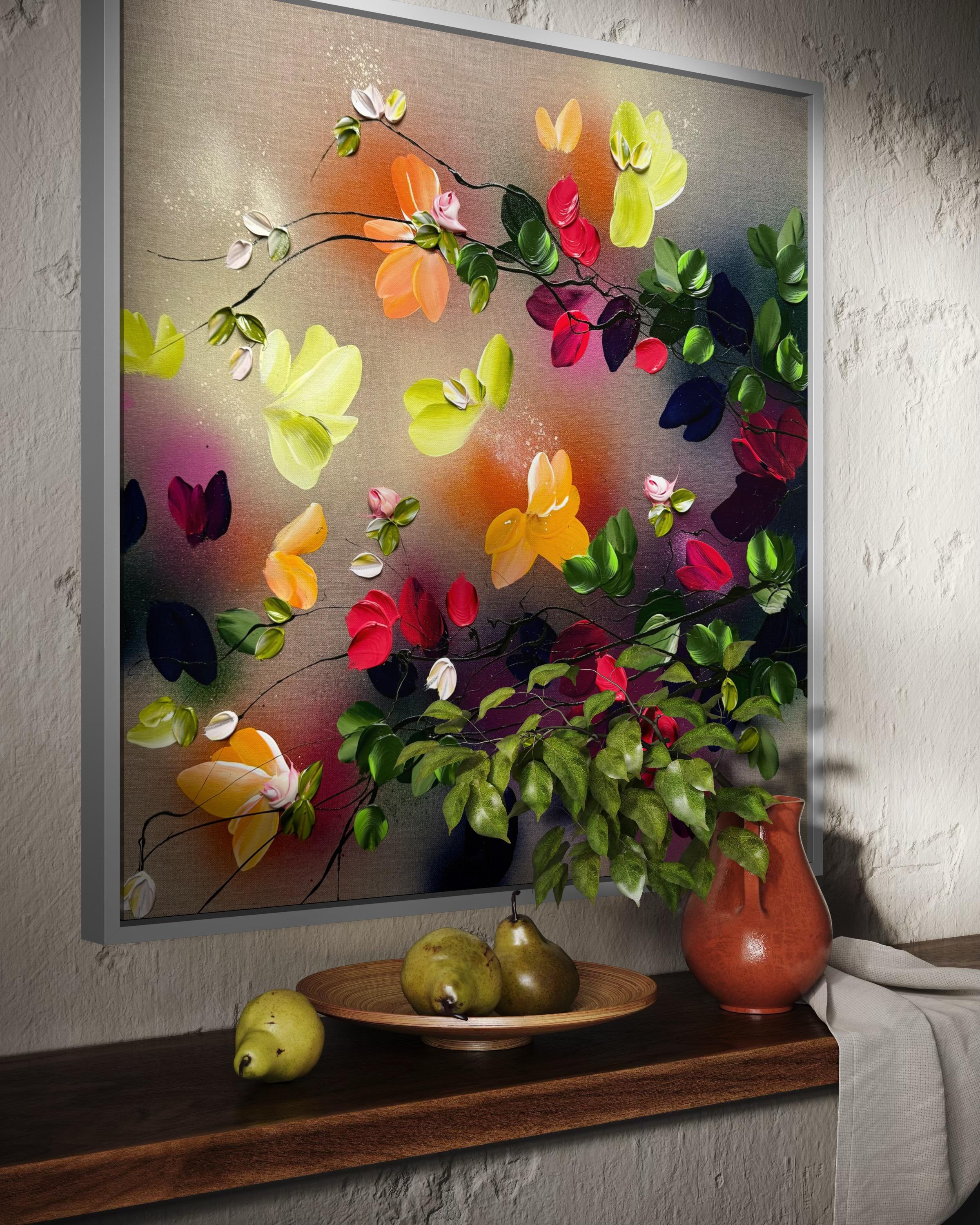 Autumn Day III -  impressionistic painting on linen canvas with 3d roses For Sale 6