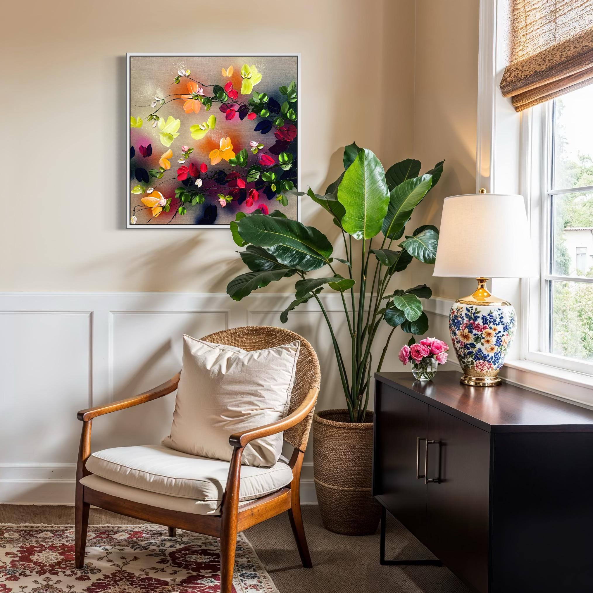 Autumn Day III -  impressionistic painting on linen canvas with 3d roses For Sale 7