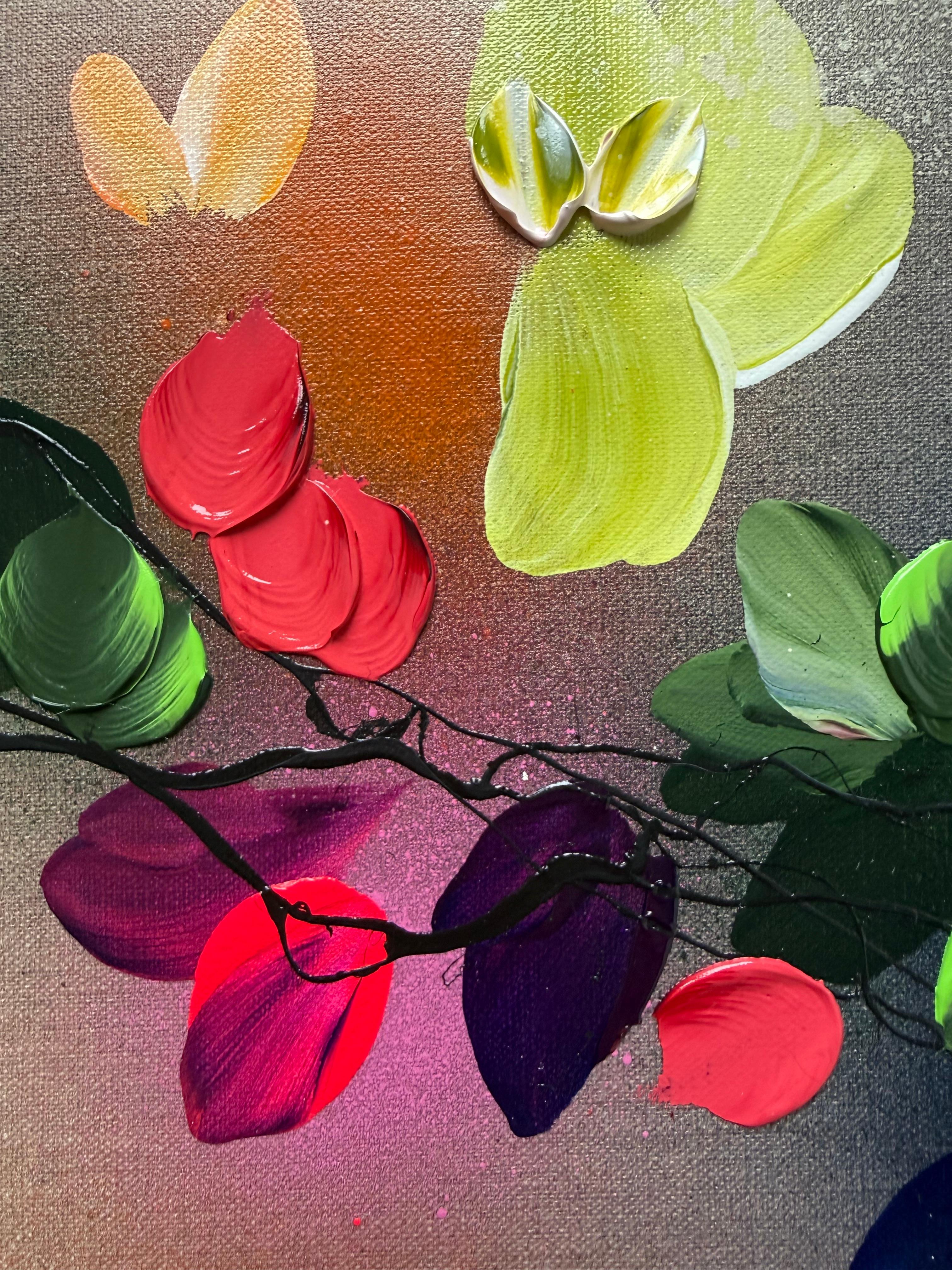 Autumn Day III -  impressionistic painting on linen canvas with 3d roses For Sale 10