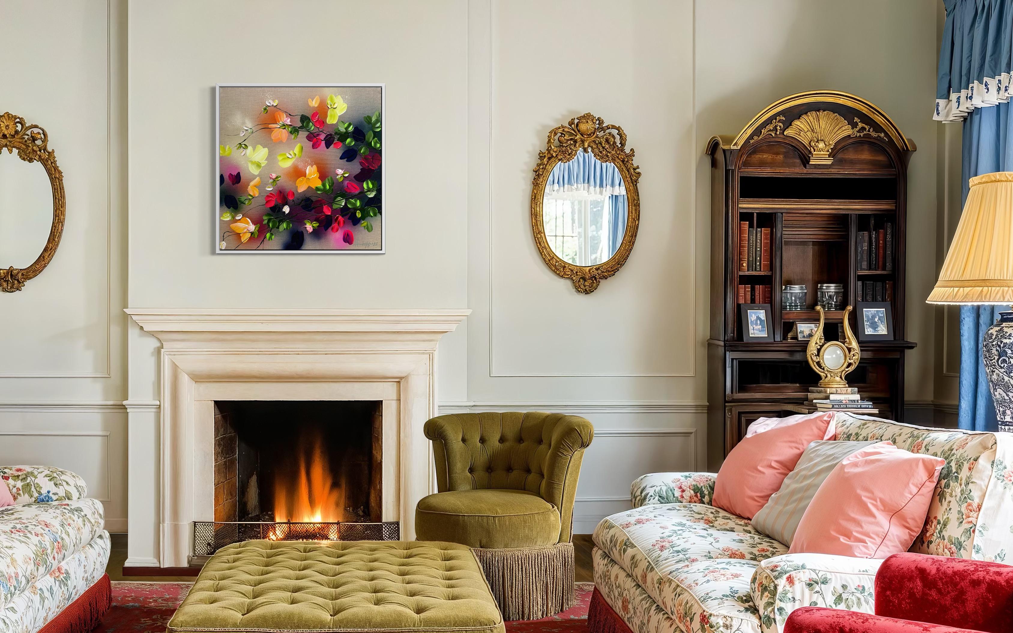 Autumn Day III -  impressionistic painting on linen canvas with 3d roses For Sale 12