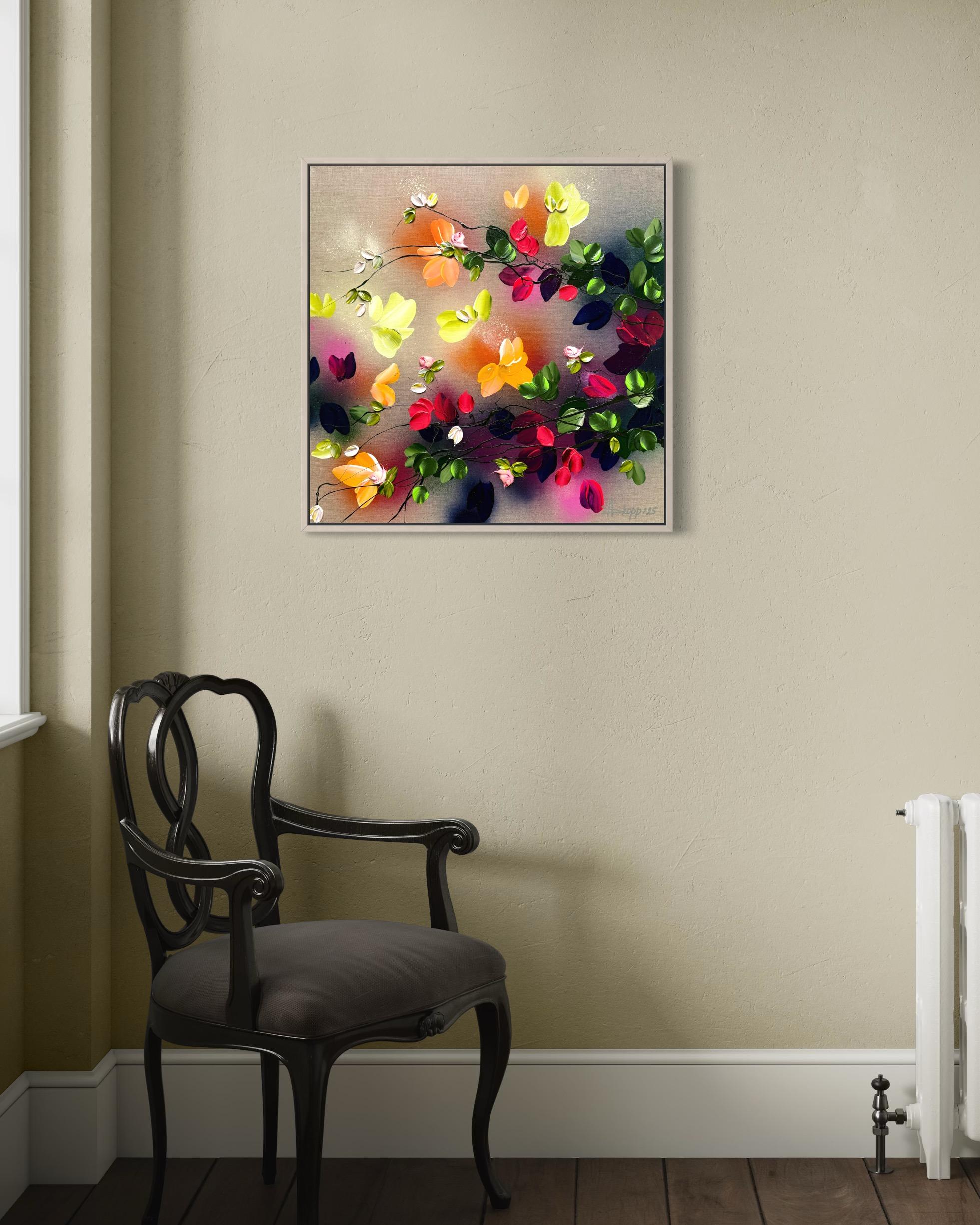 Autumn Day III -  impressionistic painting on linen canvas with 3d roses For Sale 14