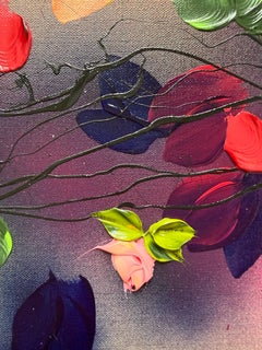 Herbsttag III -  impressionistisches Gemälde auf Leinen-Leinwand mit 3d-Rosen