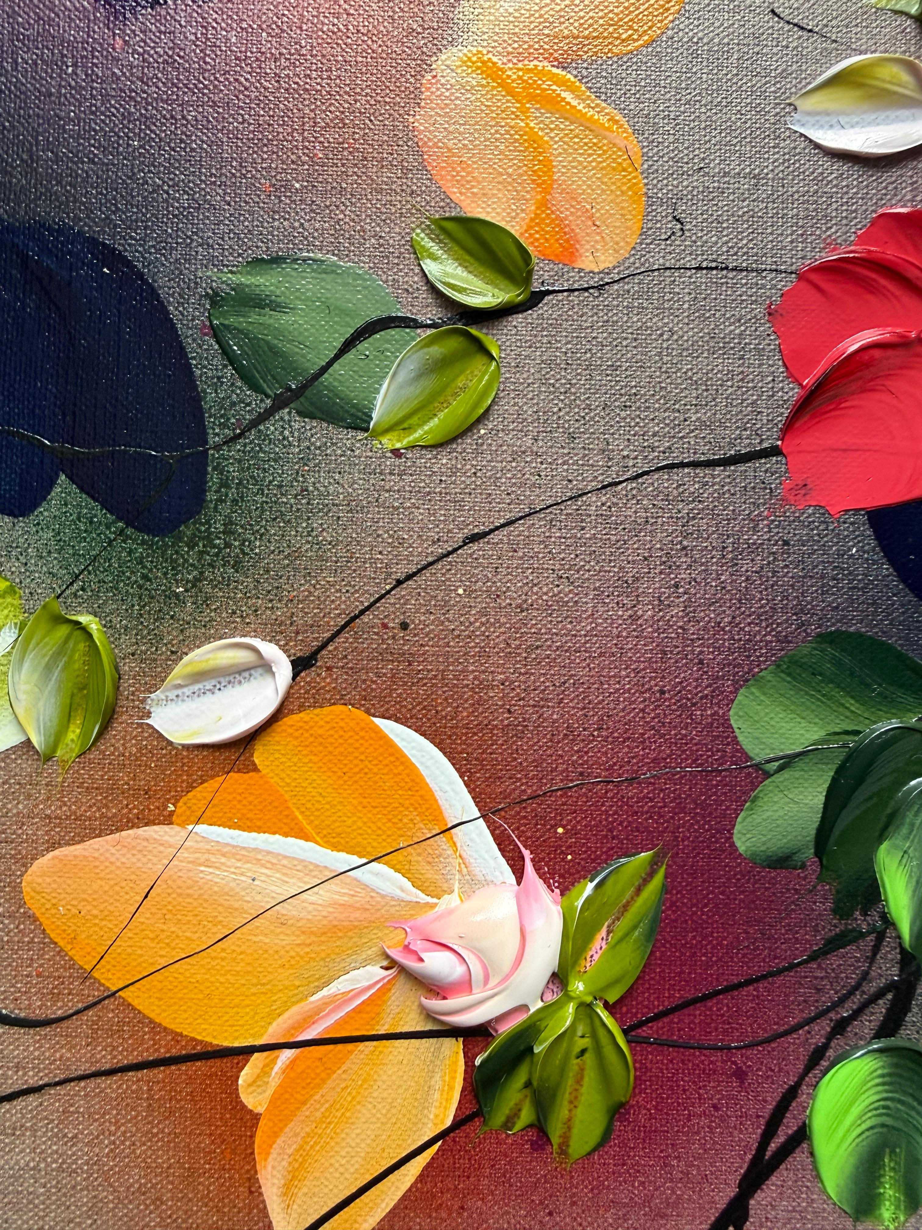 Autumn Day III -  impressionistic painting on linen canvas with 3d roses - Abstract Impressionist Painting by Anastassia Skopp