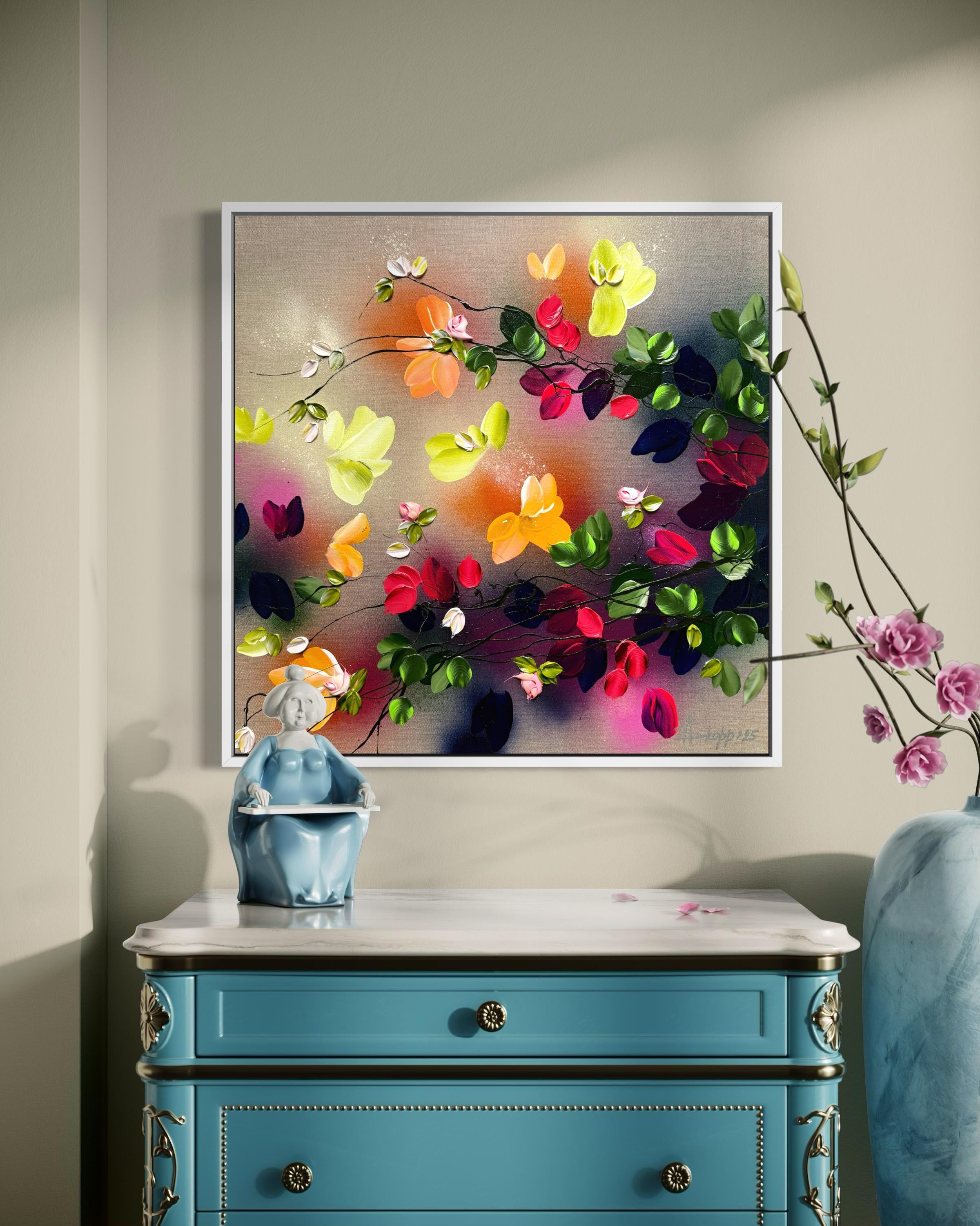 Autumn Day III -  impressionistic painting on linen canvas with 3d roses - Brown Figurative Painting by Anastassia Skopp