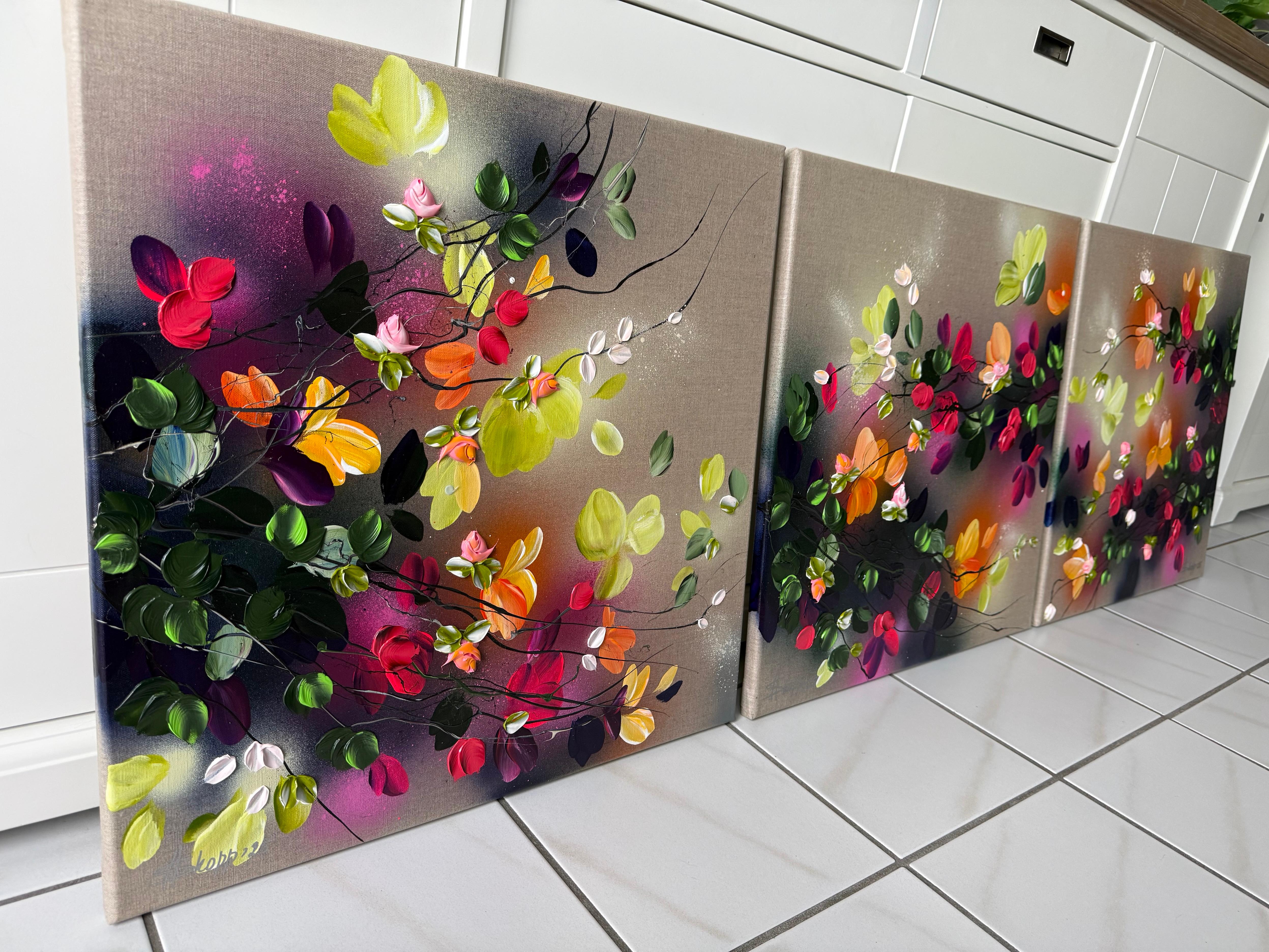 Autumn Day III -  impressionistic painting on linen canvas with 3d roses For Sale 1
