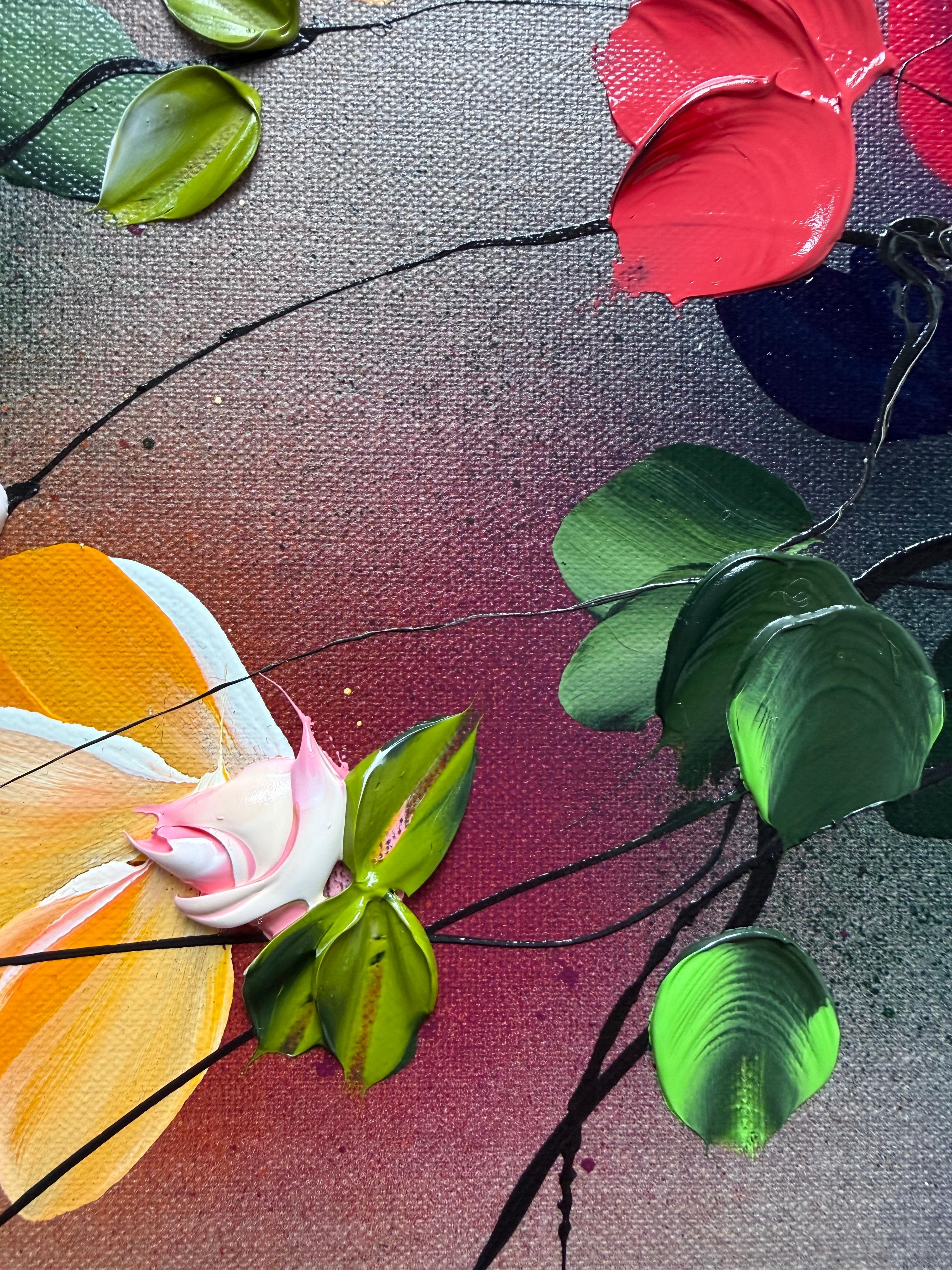 Autumn Day III -  impressionistic painting on linen canvas with 3d roses For Sale 2