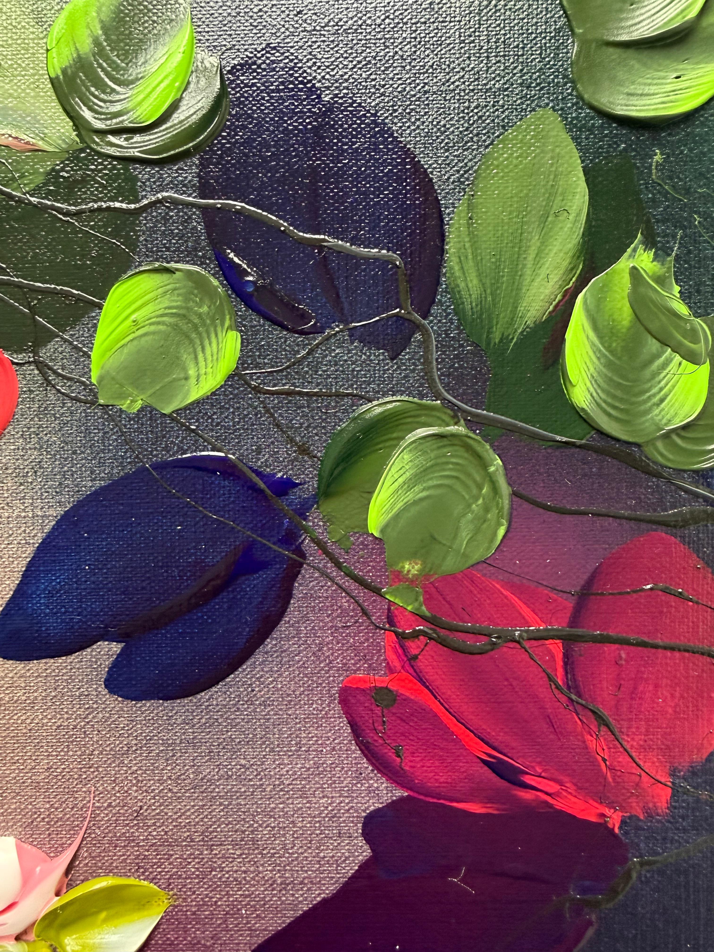 Autumn Day III -  impressionistic painting on linen canvas with 3d roses For Sale 3