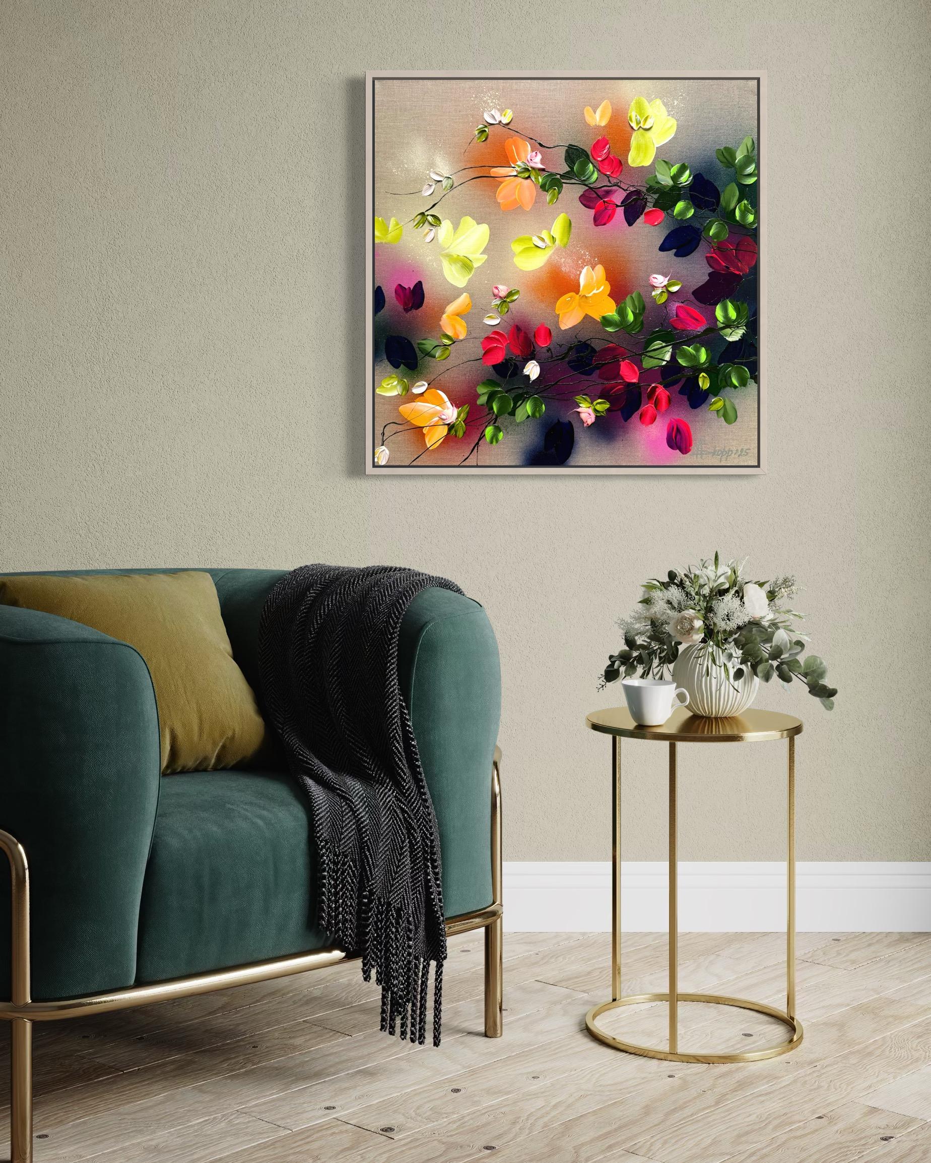 Autumn Day III -  impressionistic painting on linen canvas with 3d roses For Sale 4