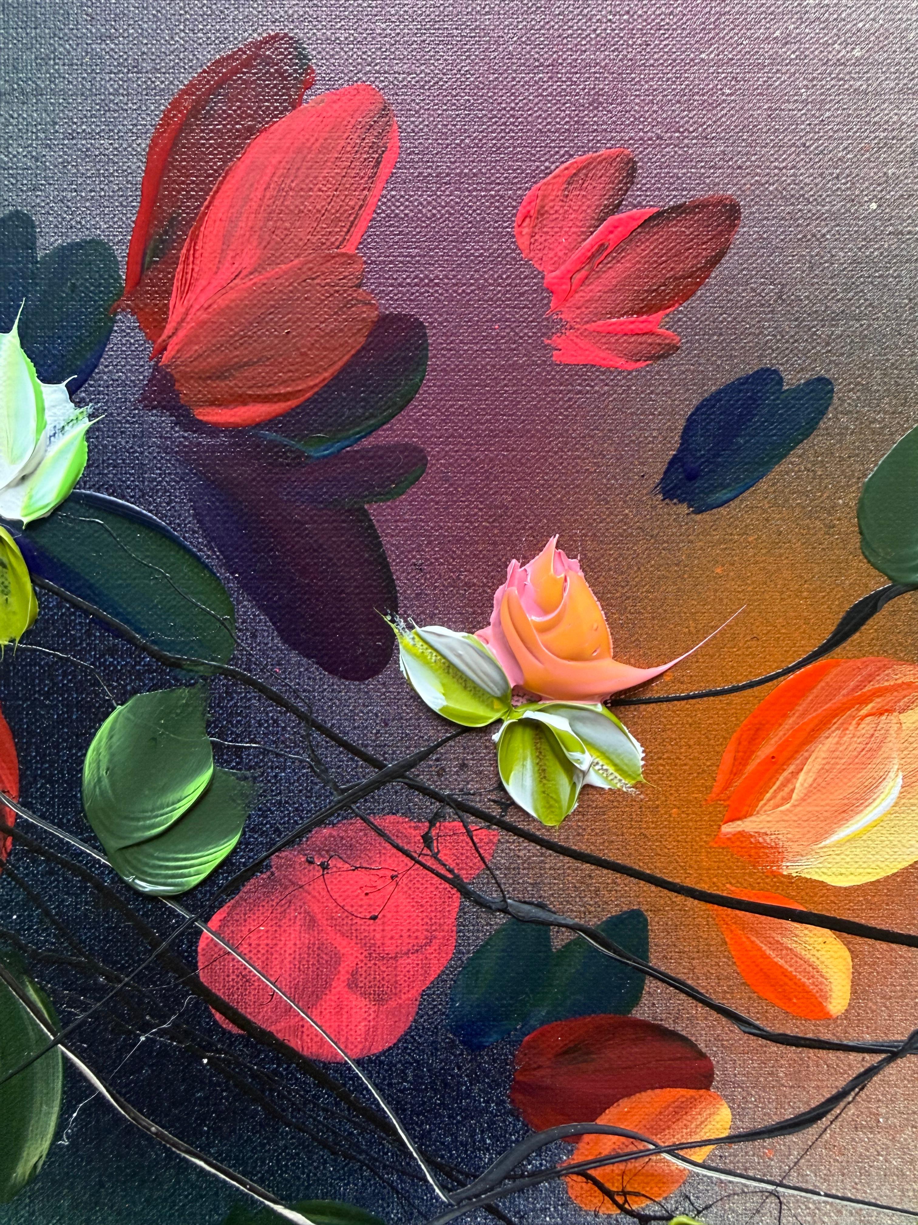 Autumn Palette I -  impressionistic painting on linen canvas with 3d roses For Sale 5