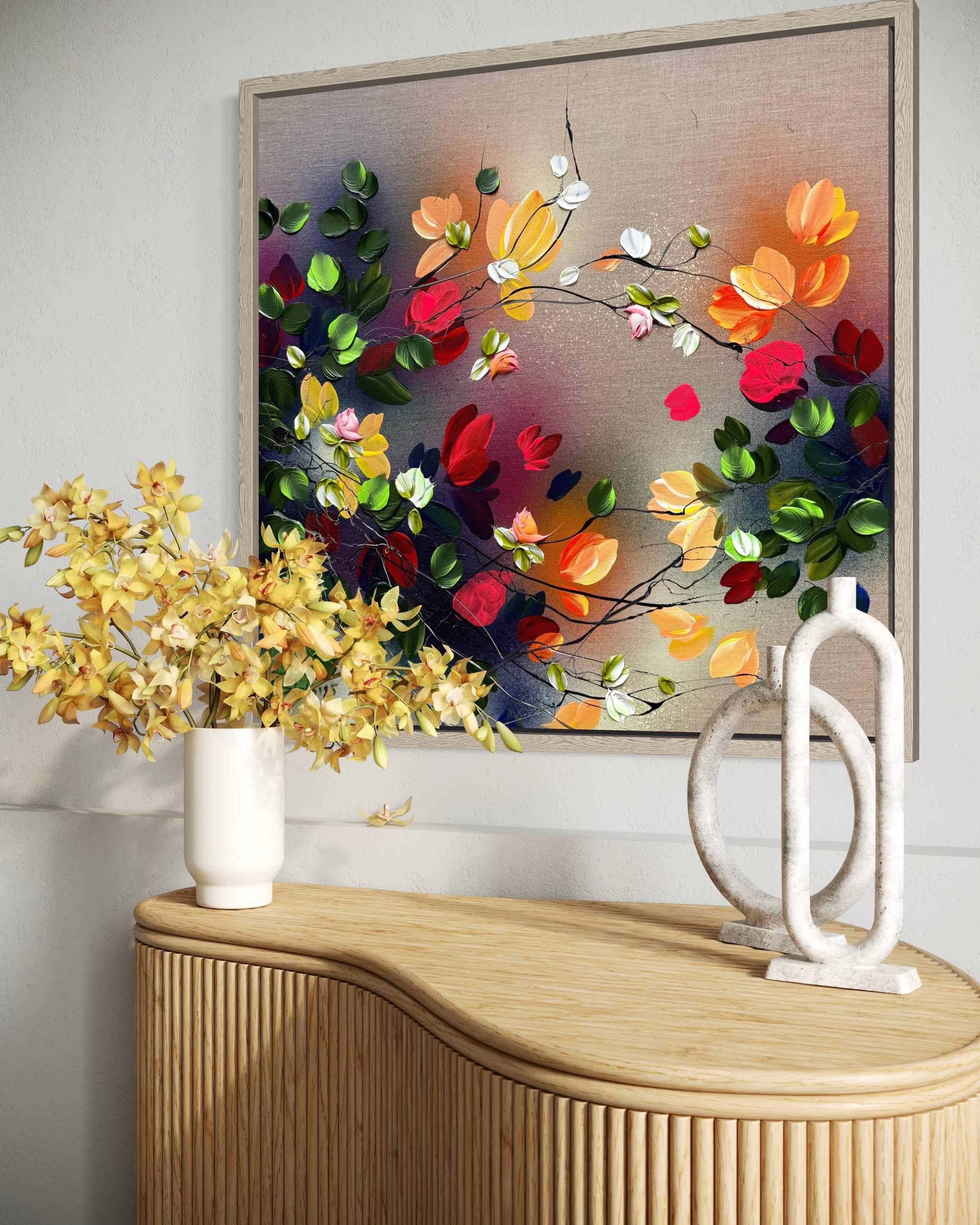 Autumn Palette I -  impressionistic painting on linen canvas with 3d roses For Sale 6