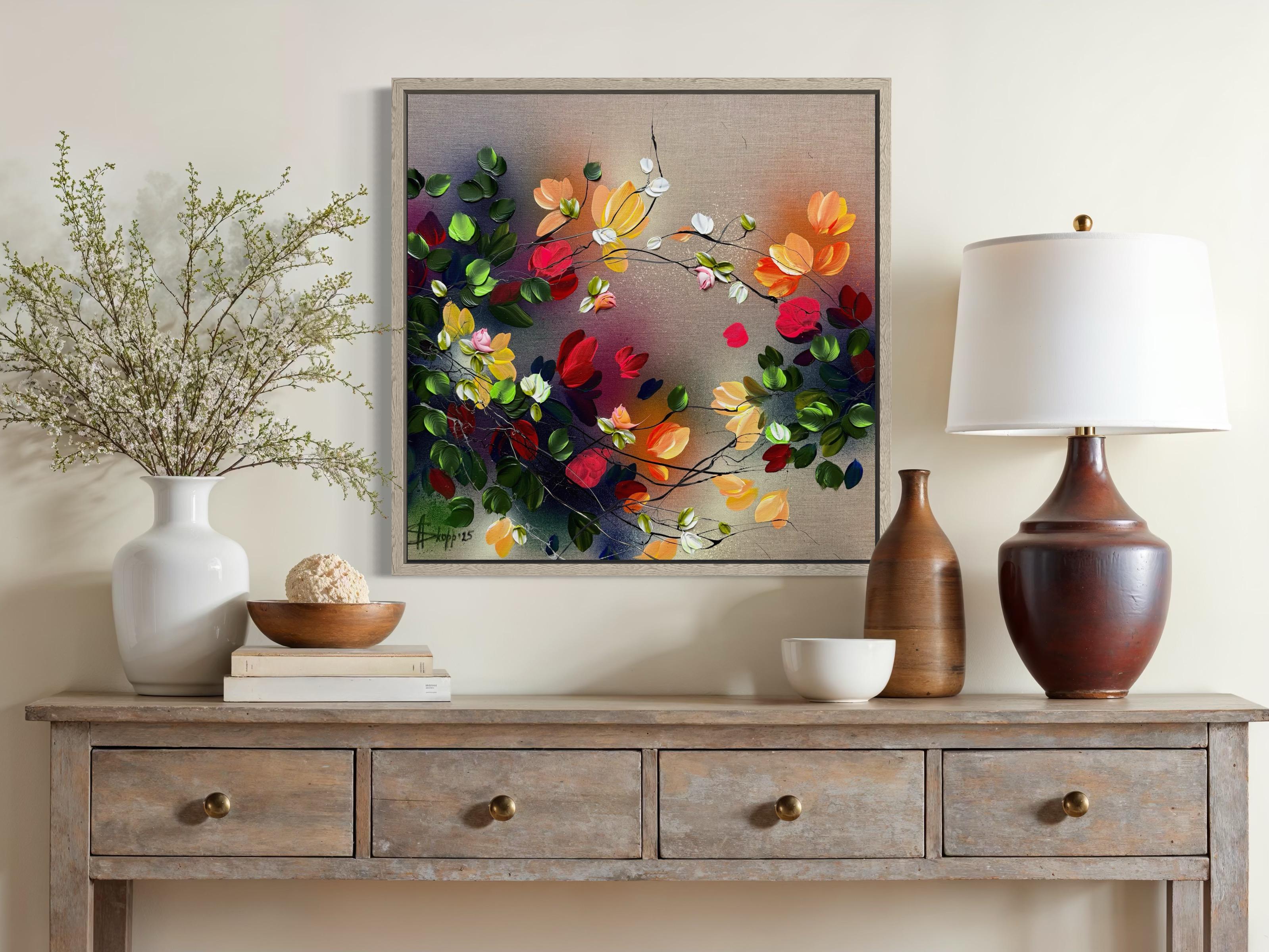 Autumn Palette I -  impressionistic painting on linen canvas with 3d roses For Sale 7
