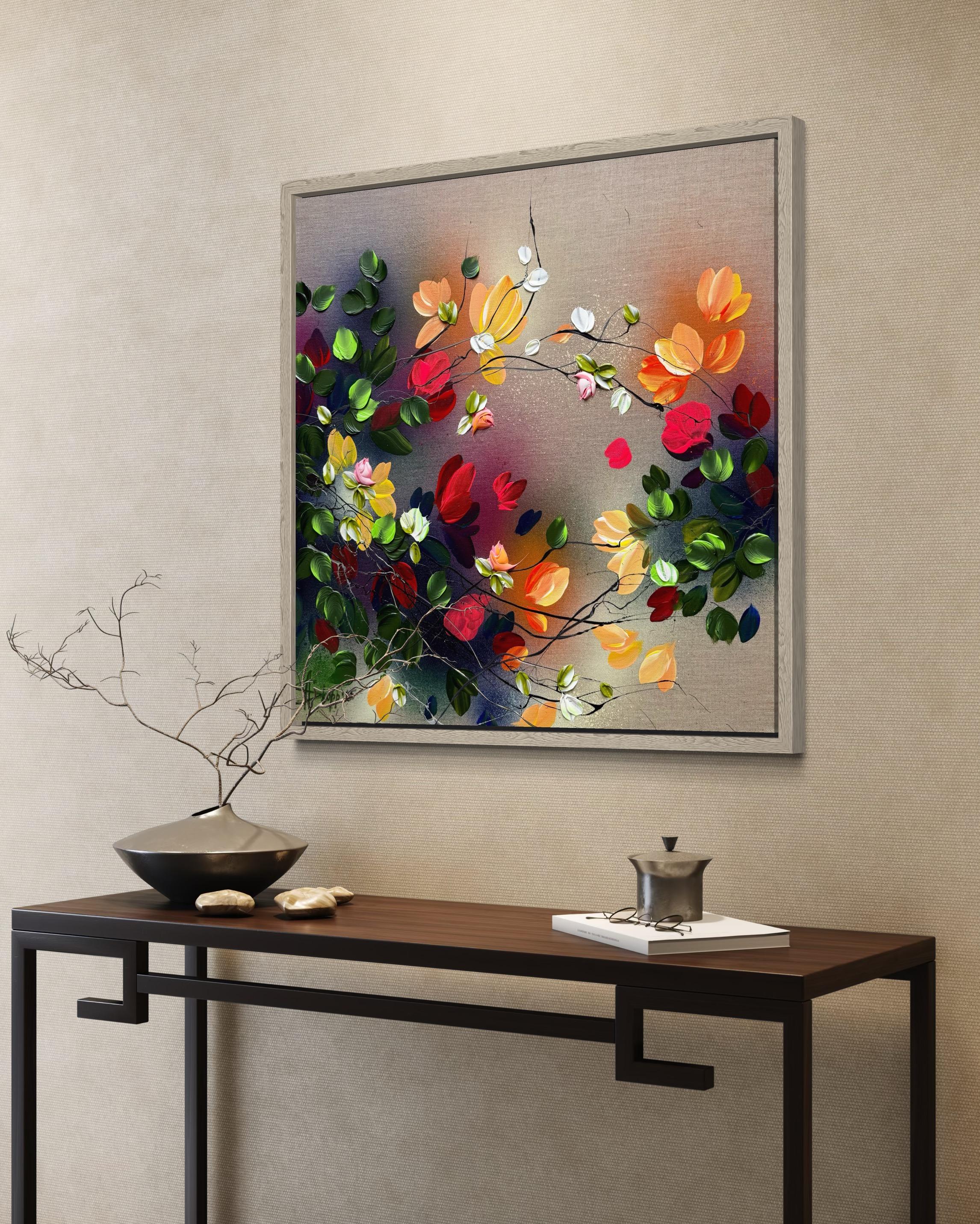 Autumn Palette I -  impressionistic painting on linen canvas with 3d roses For Sale 8