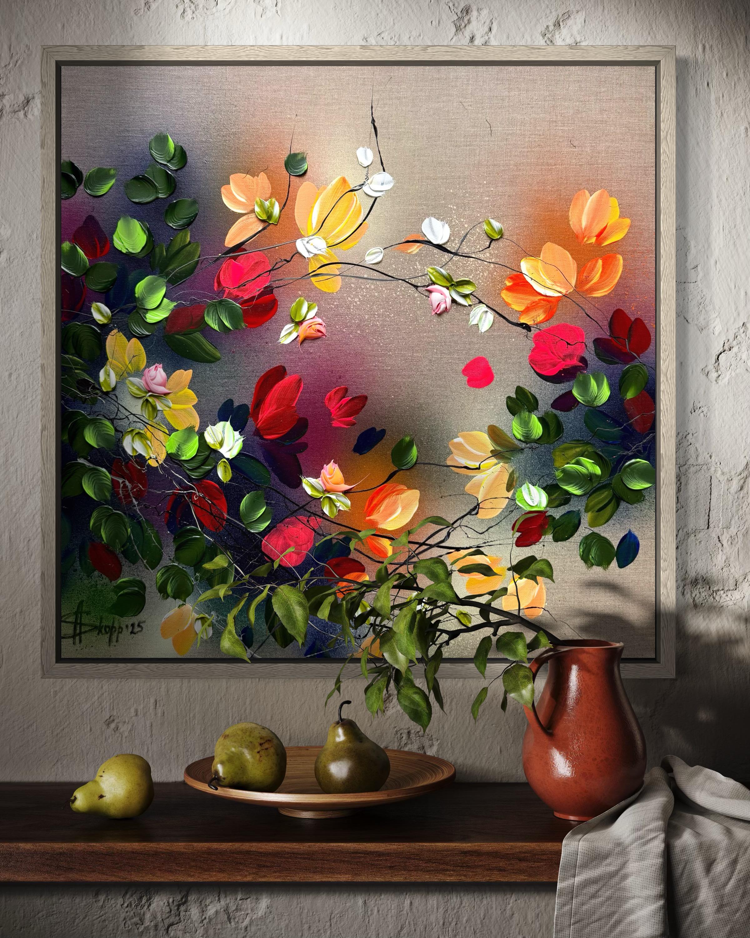 Autumn Palette I -  impressionistic painting on linen canvas with 3d roses For Sale 9