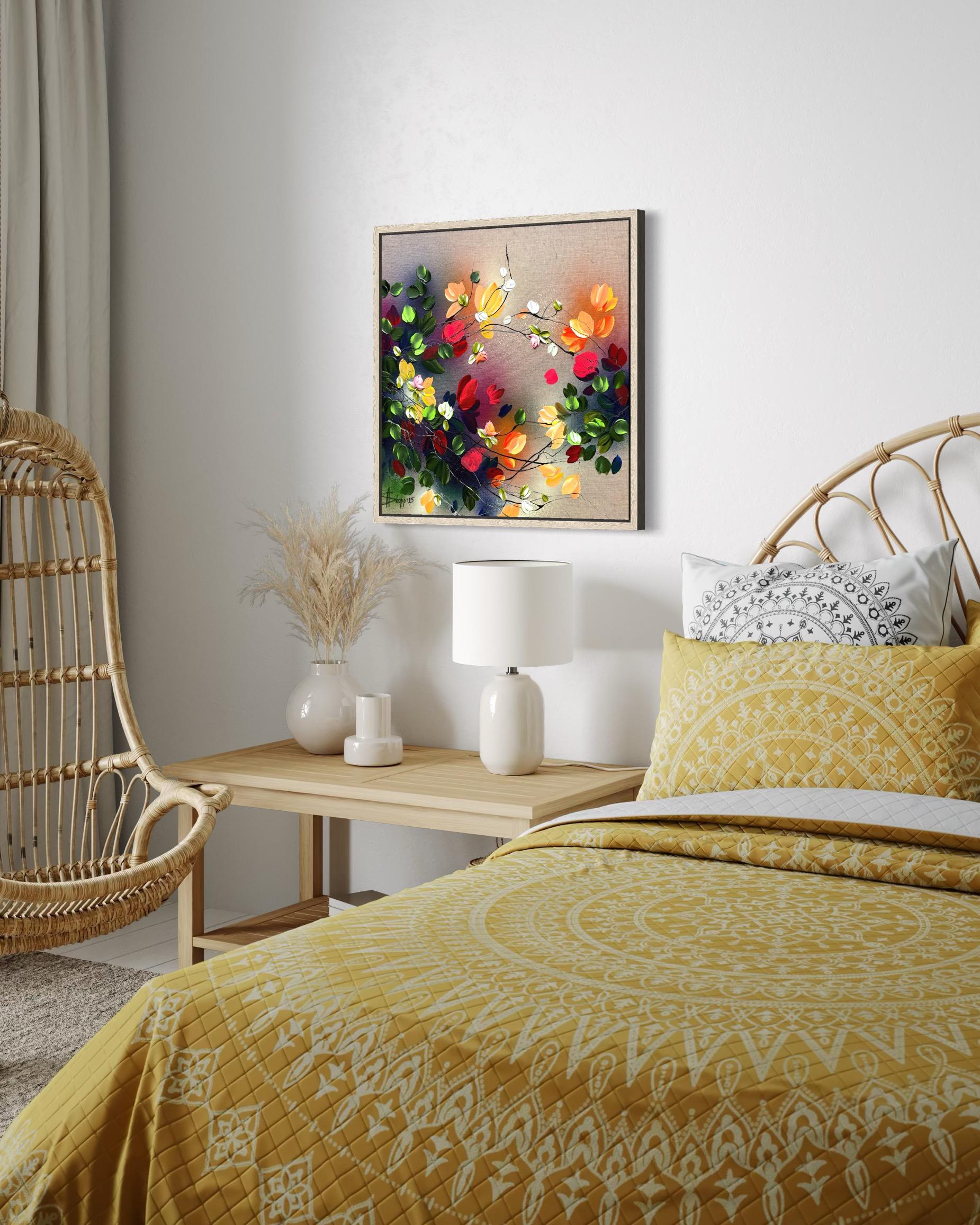 Autumn Palette I -  impressionistic painting on linen canvas with 3d roses For Sale 10