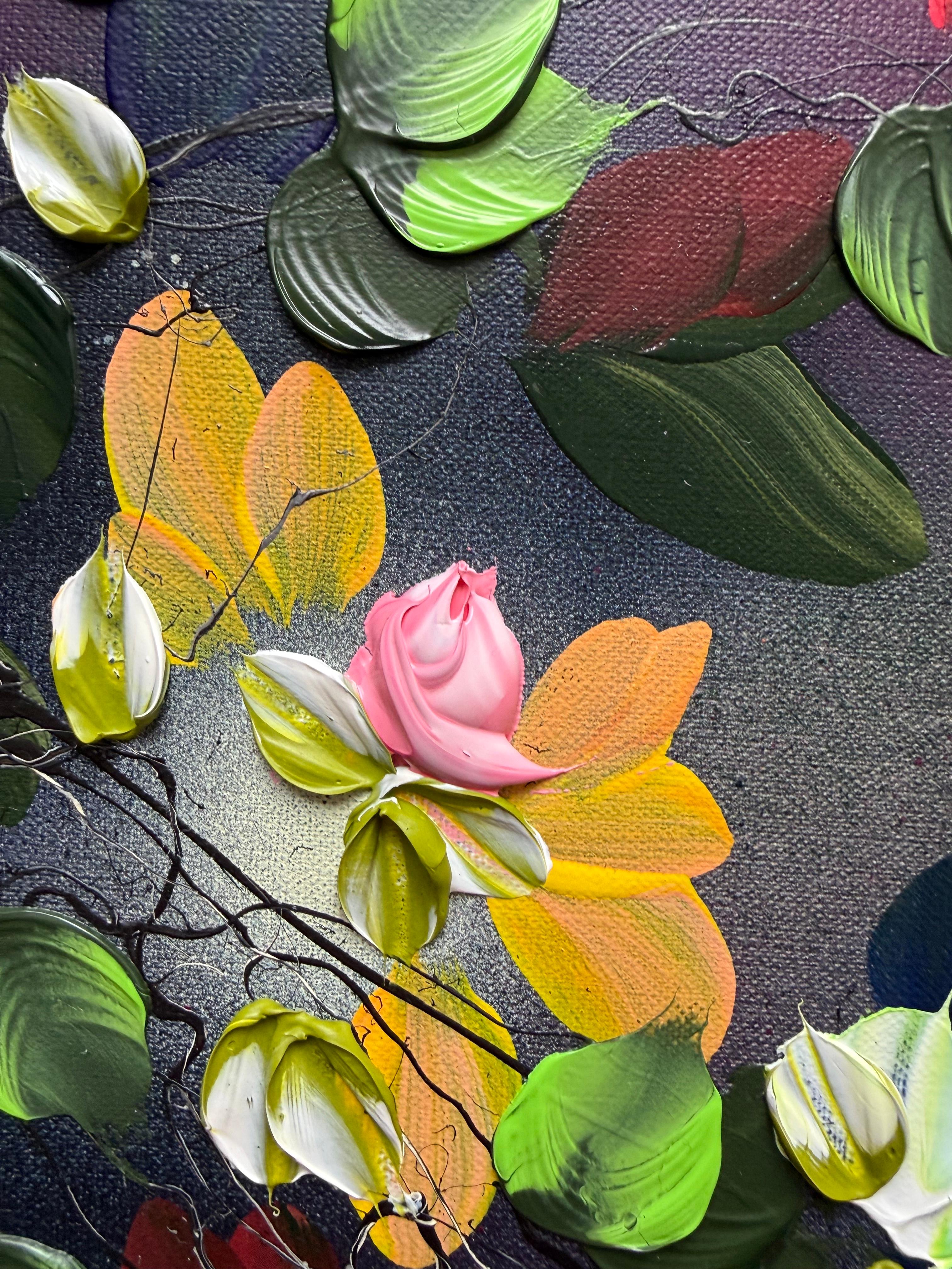 Autumn Palette I -  impressionistic painting on linen canvas with 3d roses - Painting by Anastassia Skopp