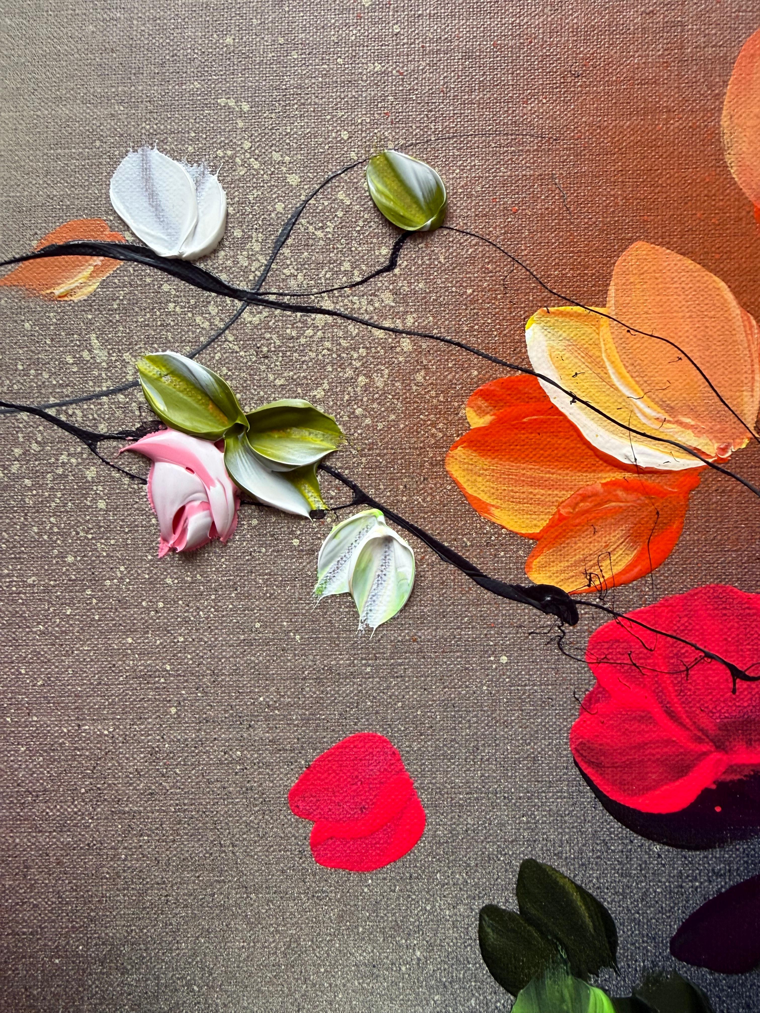 Autumn Palette I -  impressionistic painting on linen canvas with 3d roses - Abstract Impressionist Painting by Anastassia Skopp