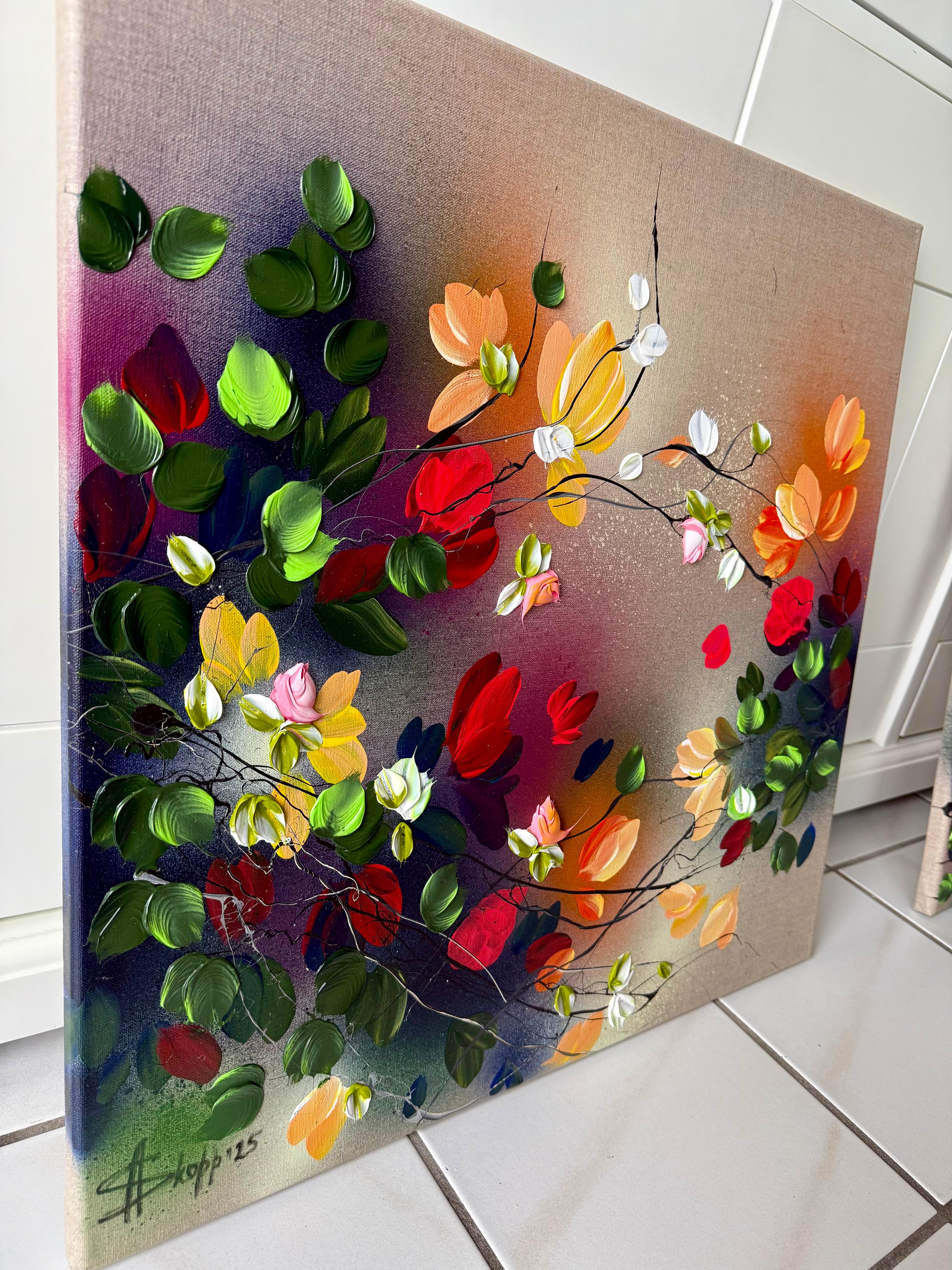 Autumn Palette I -  impressionistic painting on linen canvas with 3d roses - Brown Abstract Painting by Anastassia Skopp