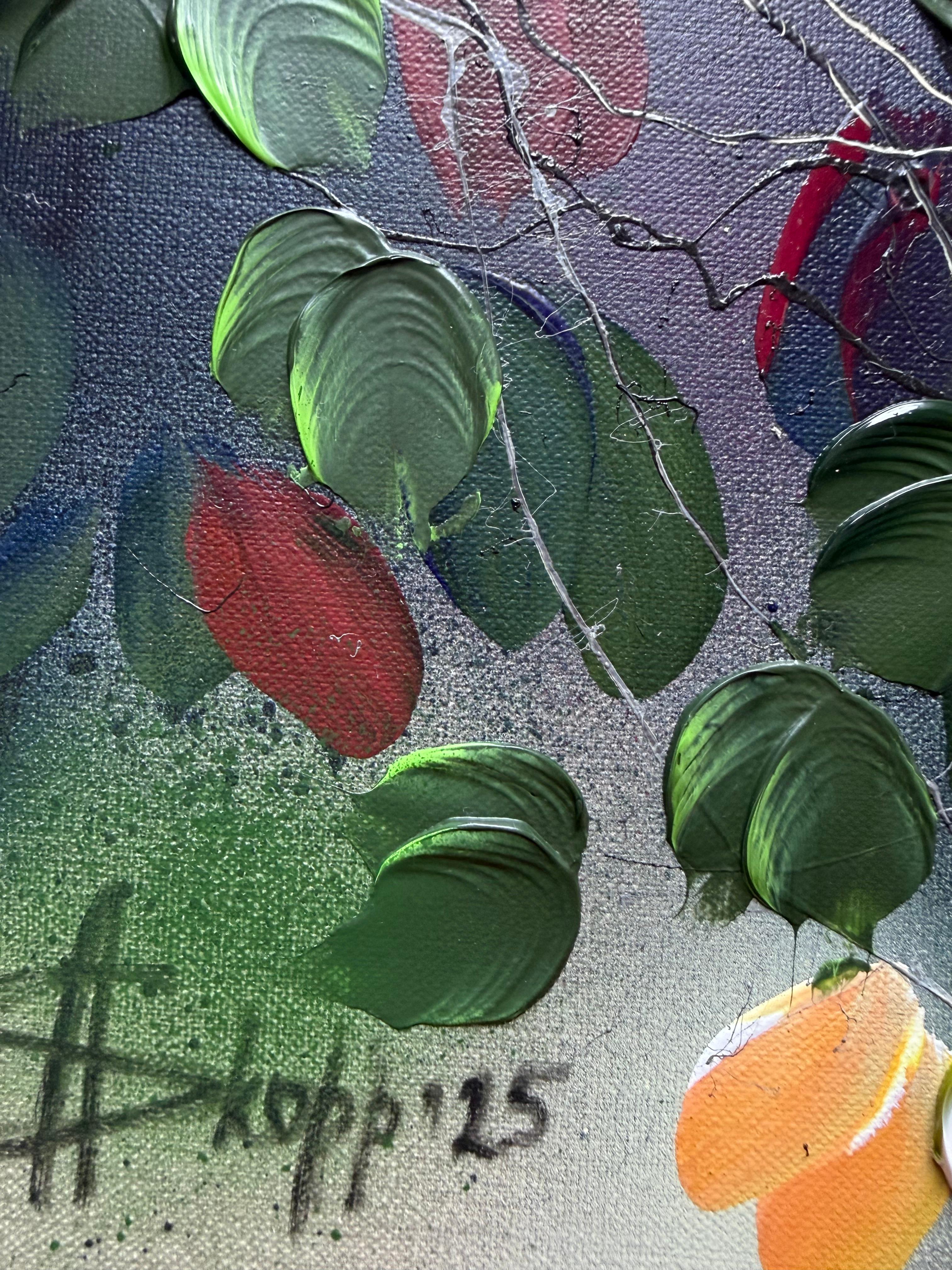 Autumn Palette I -  impressionistic painting on linen canvas with 3d roses For Sale 1